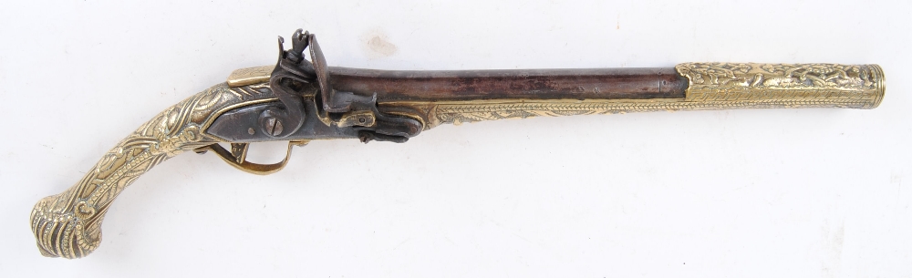 "Flintlock (repro) pistol with steel barrel, brass decoration, nvn "  This Lot requires a Section 1