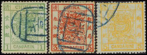 ChinaLarge Dragons1878 Thin Papaer1ca. to 5ca. set of three, cancelled by Peking seals blue, fresh