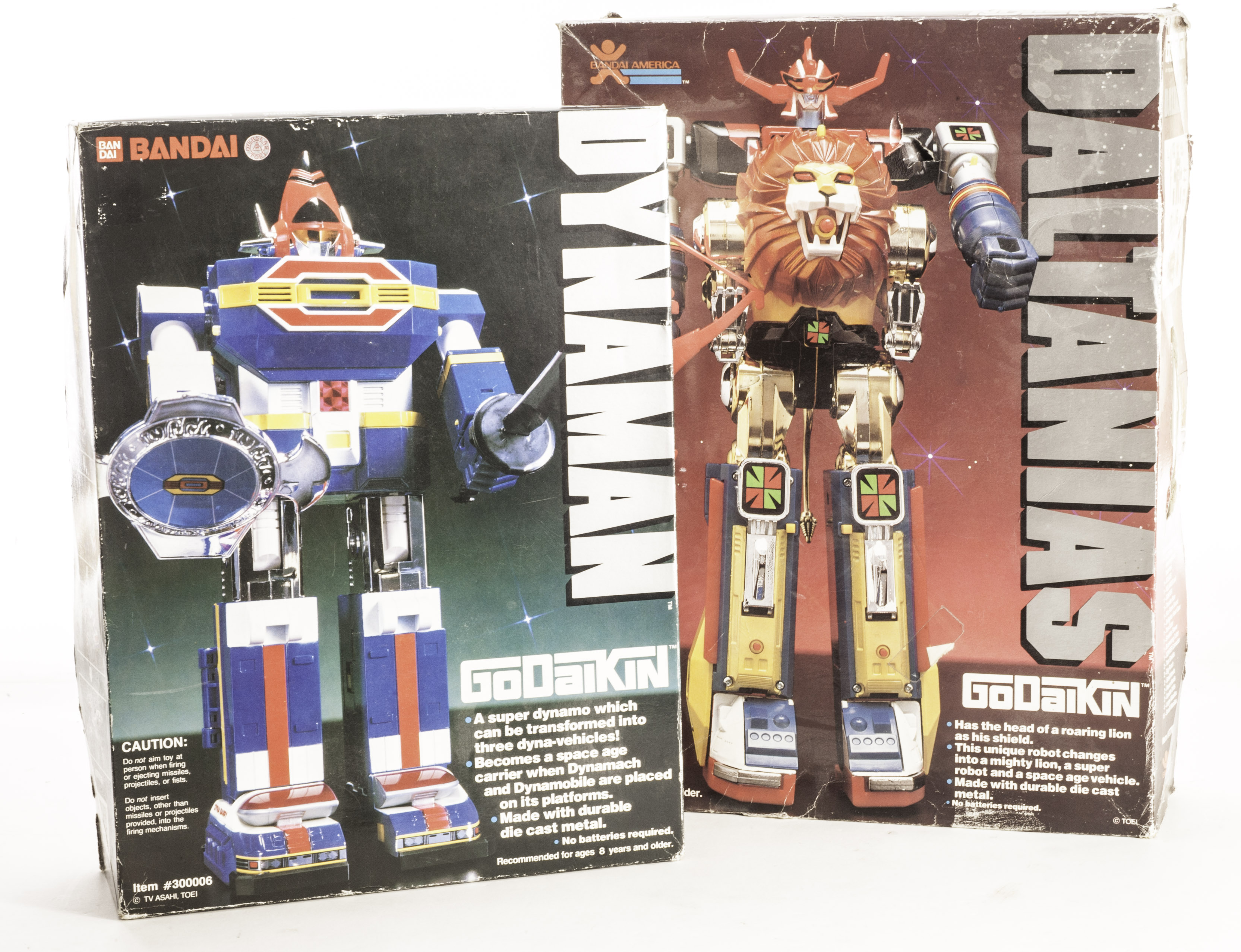 Bandai 1980s Godaikin Daltanias, and Godaikin Dynaman, diecast construction robots, made in Japan,