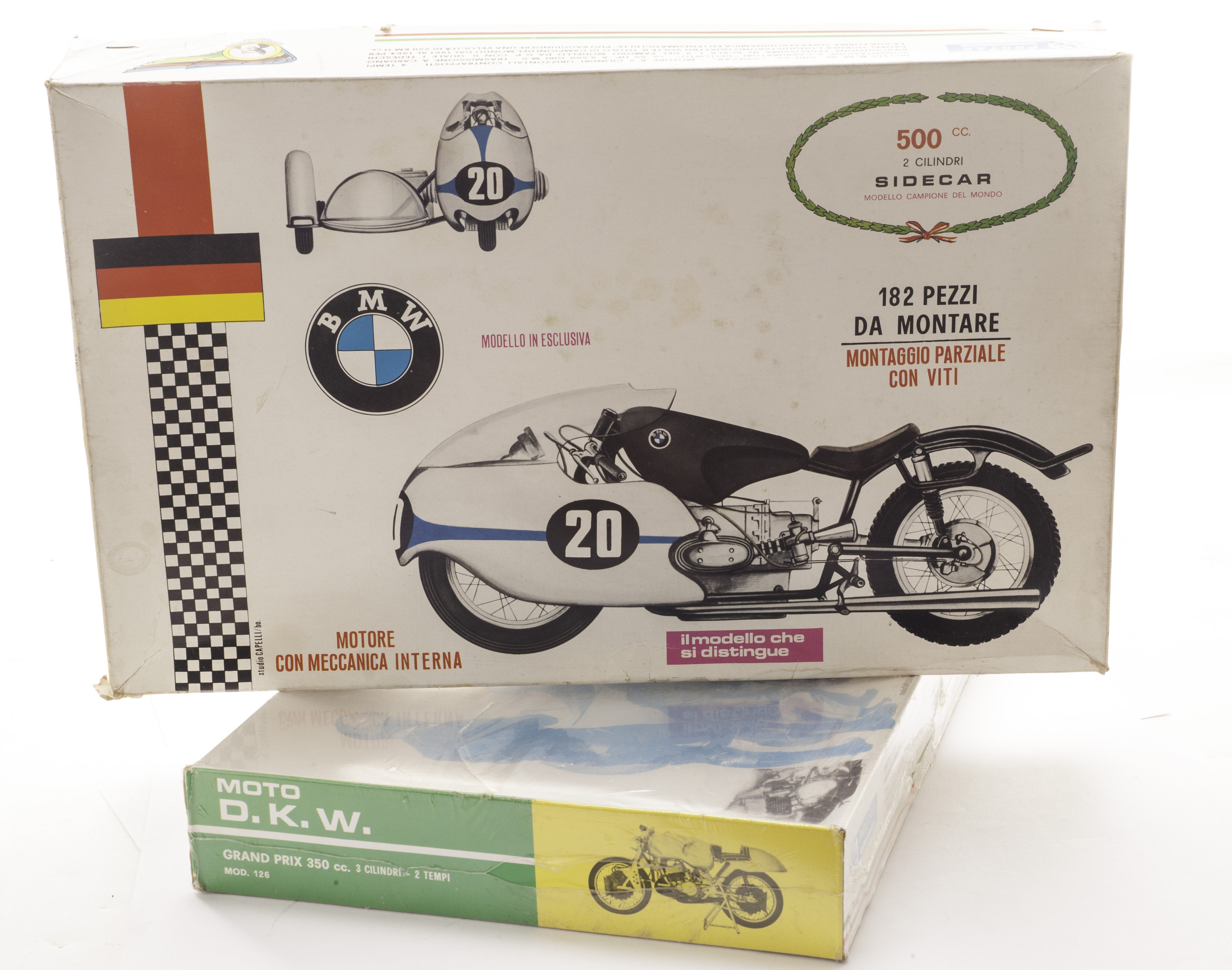 Protar Italy 1/9 Scale Kits, Moto D.K.W Grand Prix 350cc and BMW 500cc Sidecar, in original boxes,