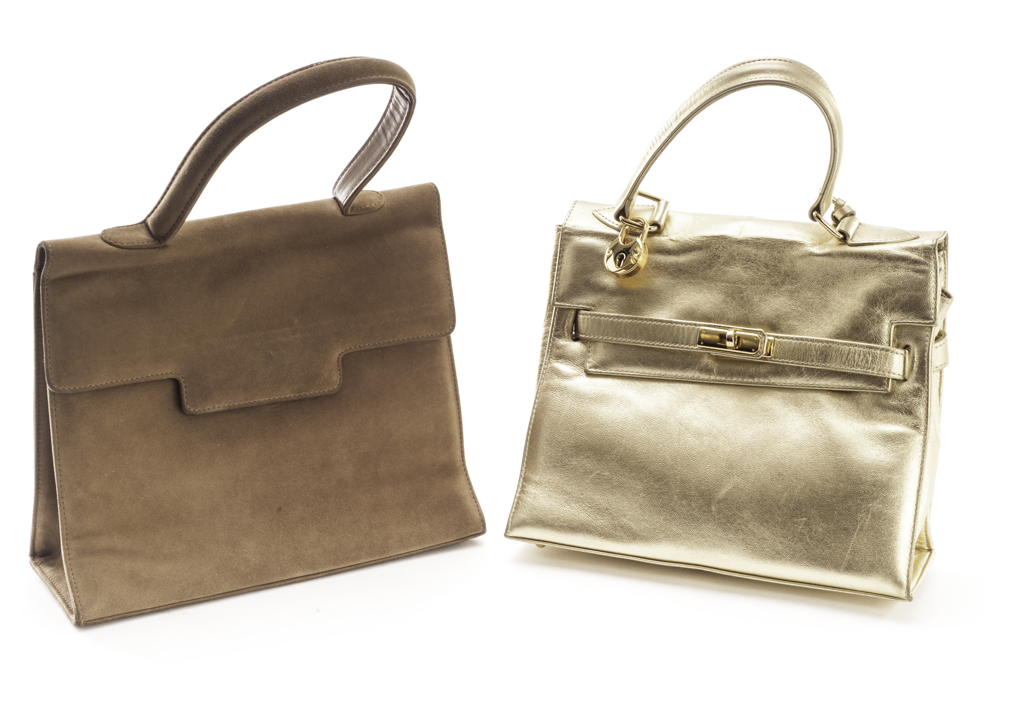 Two Charles Jourdan handbags, one in gold, the other in camel suede, in good condition (2)