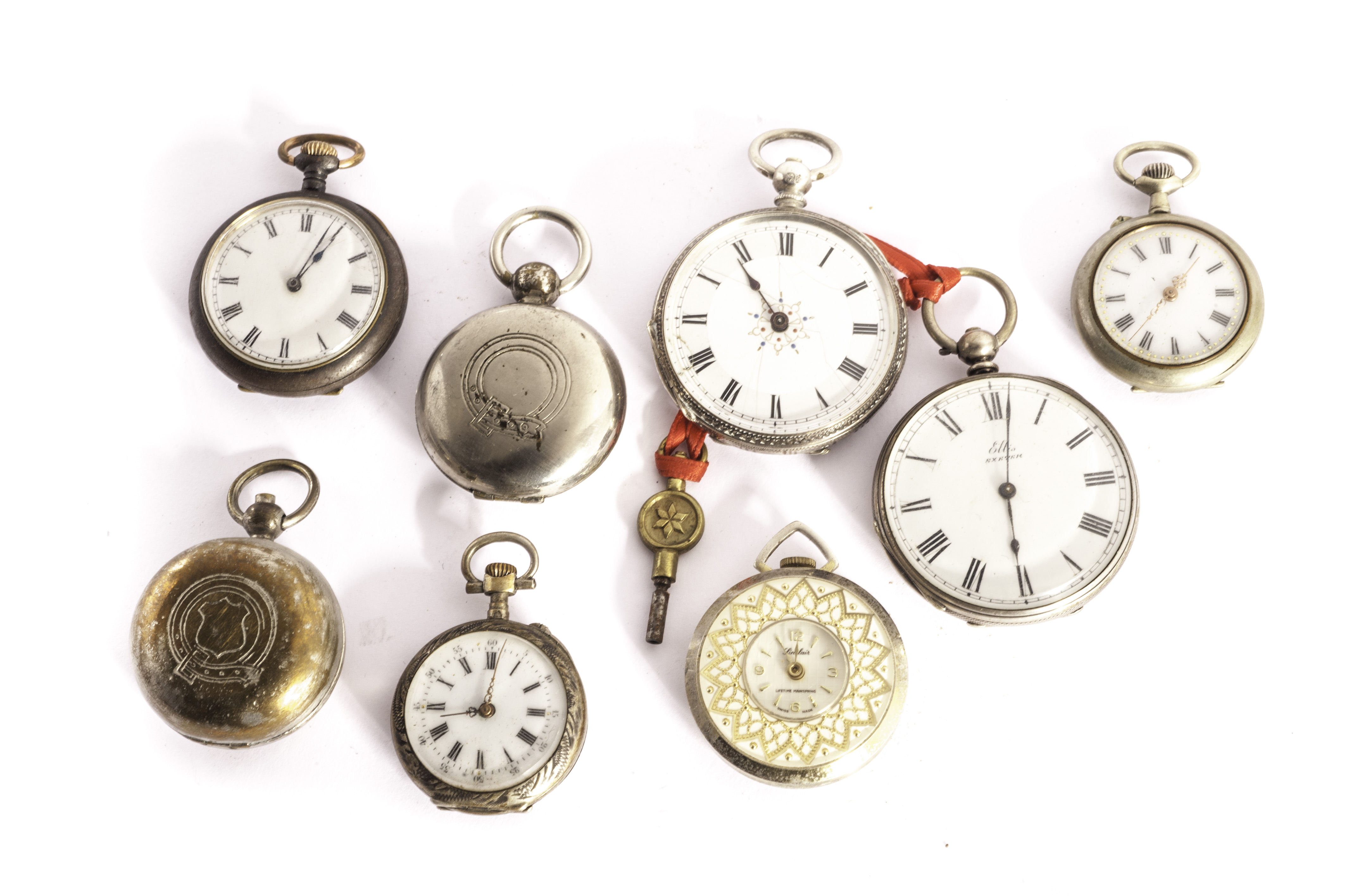 Six ladies pocket watches, including three silver cased examples, together with two sovereign cases