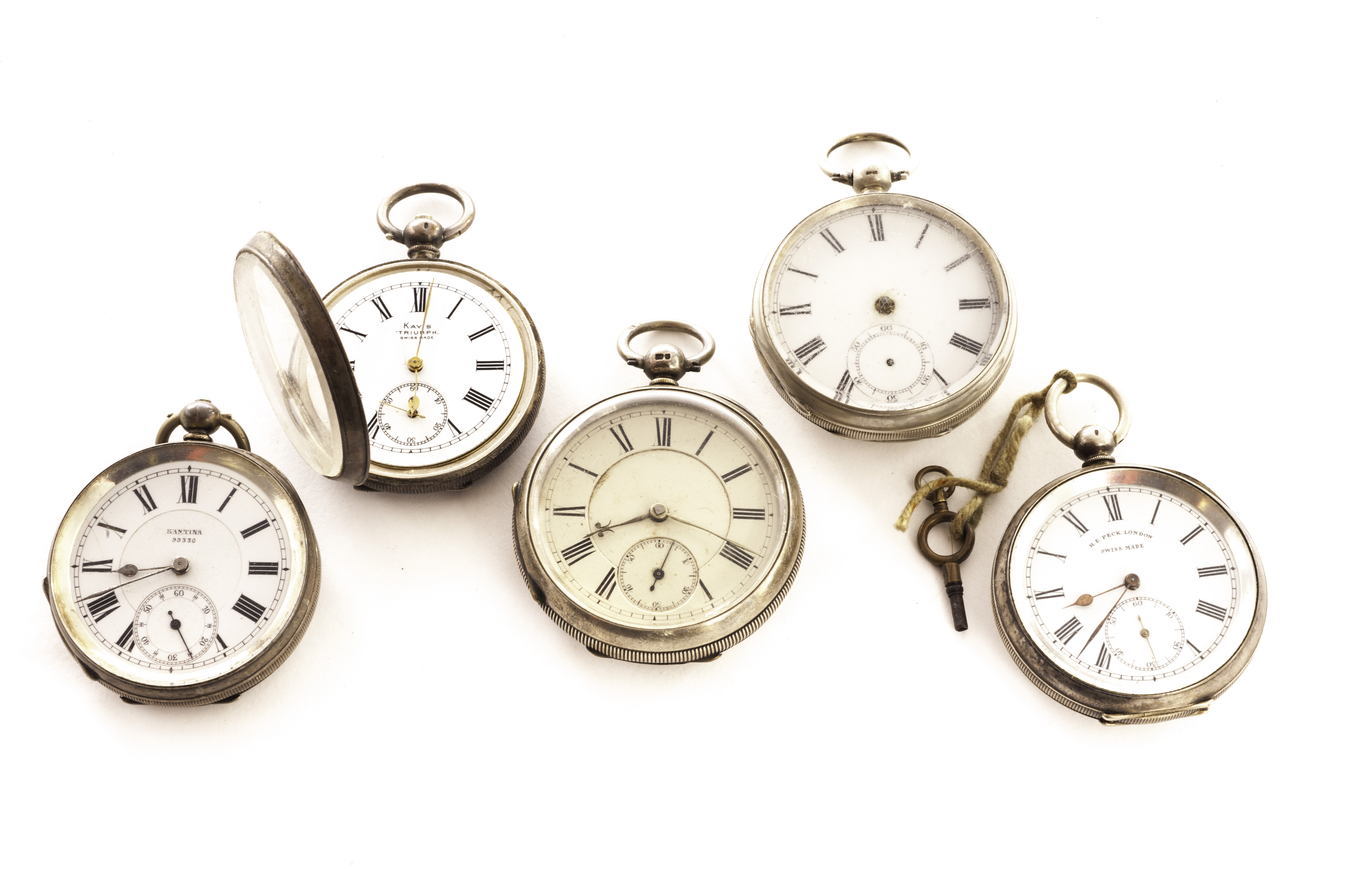 Five various silver open faced pocket watches, most AF, one from Santina, one from H.E. Peck, one