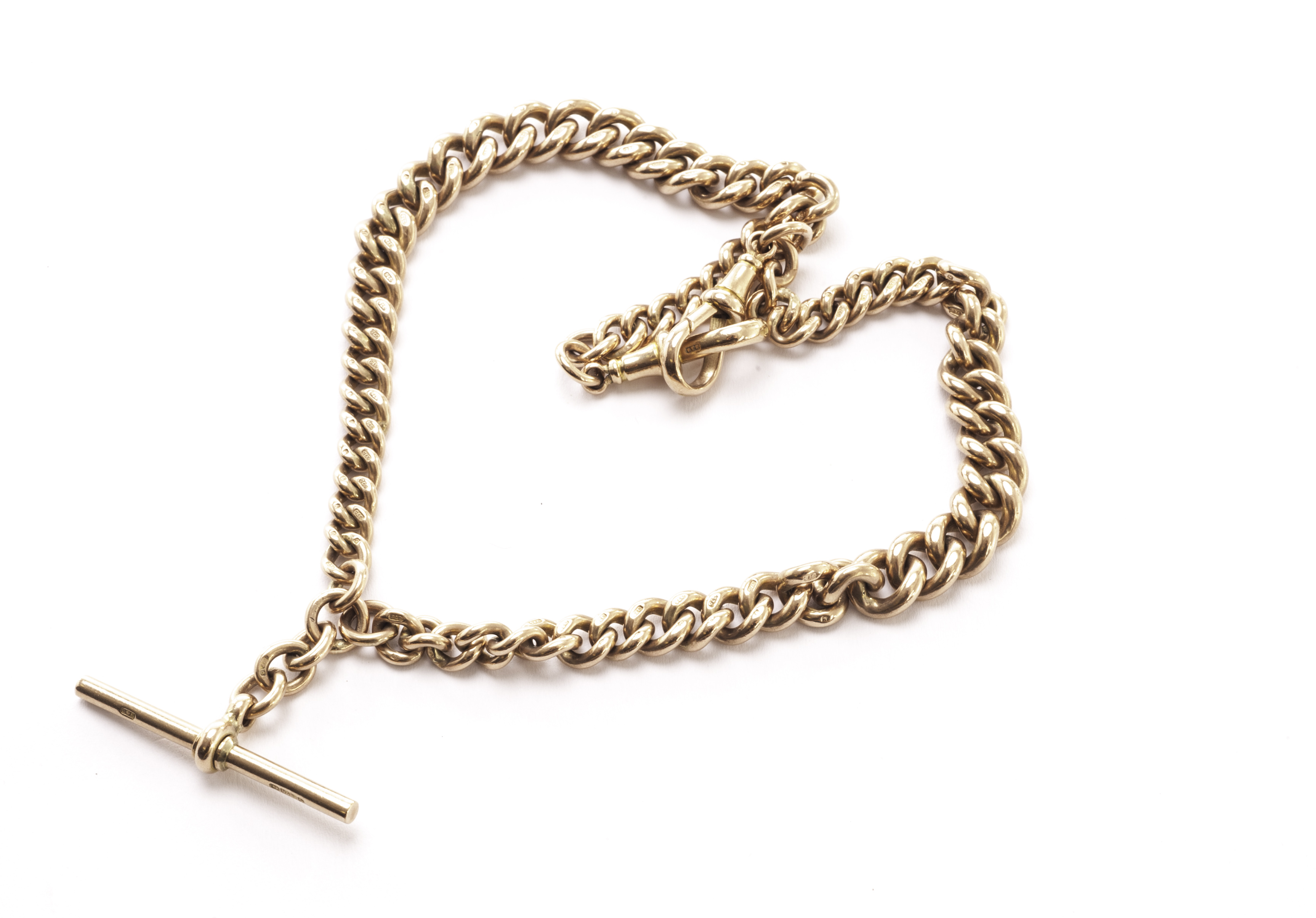 A heavy 9ct gold double Albert watch chain, the graduated curb links, all hallmarked, having two
