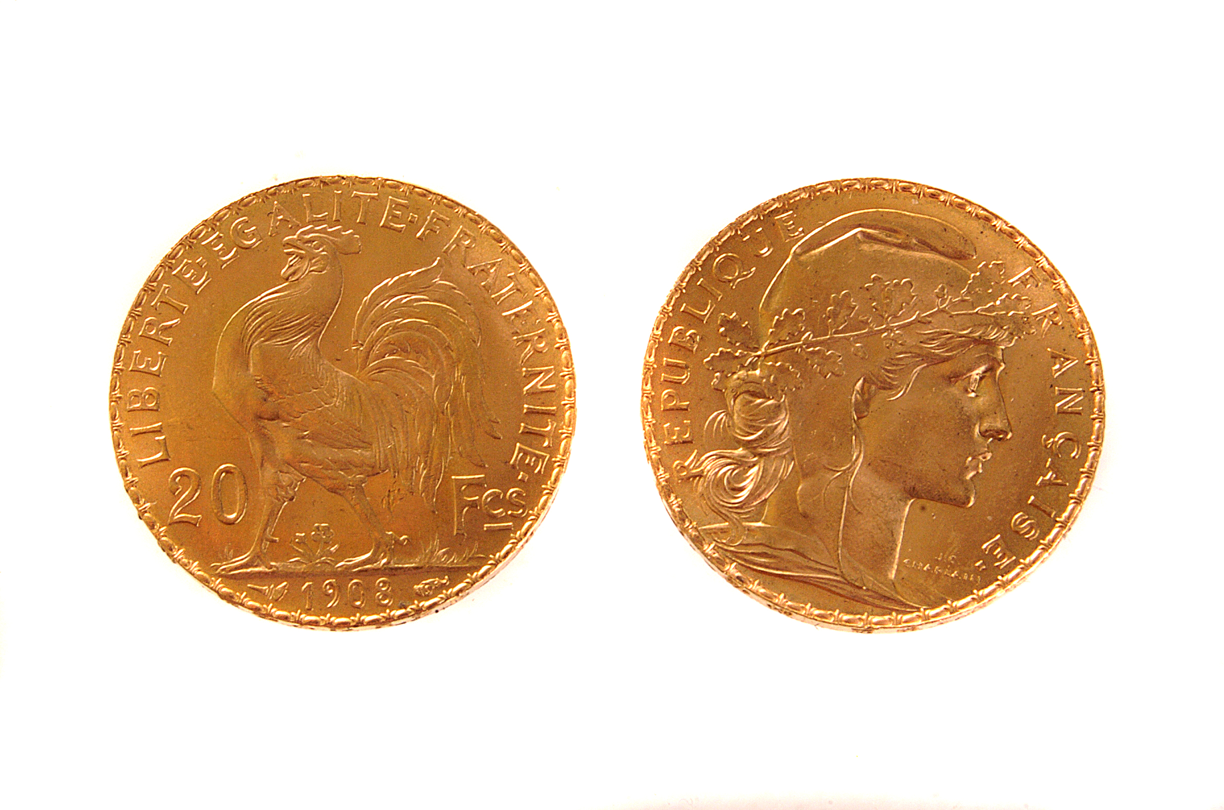 Two French 20 Franc gold coins, dated 1908, VF, approx. 12.9g