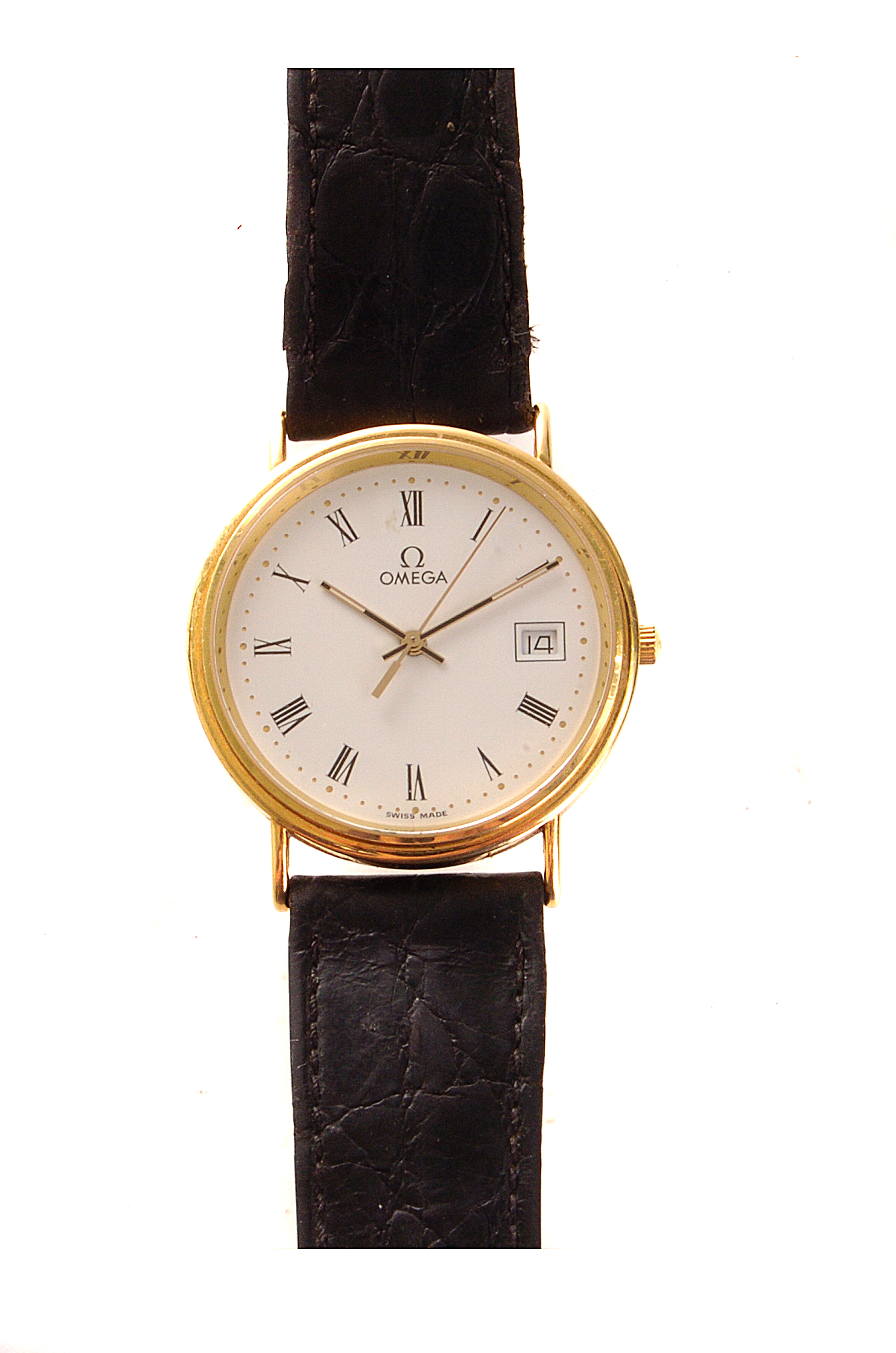 An 18ct gold cased Omega gent`s wristwatch, having a white enamel face white black Roman numerals,