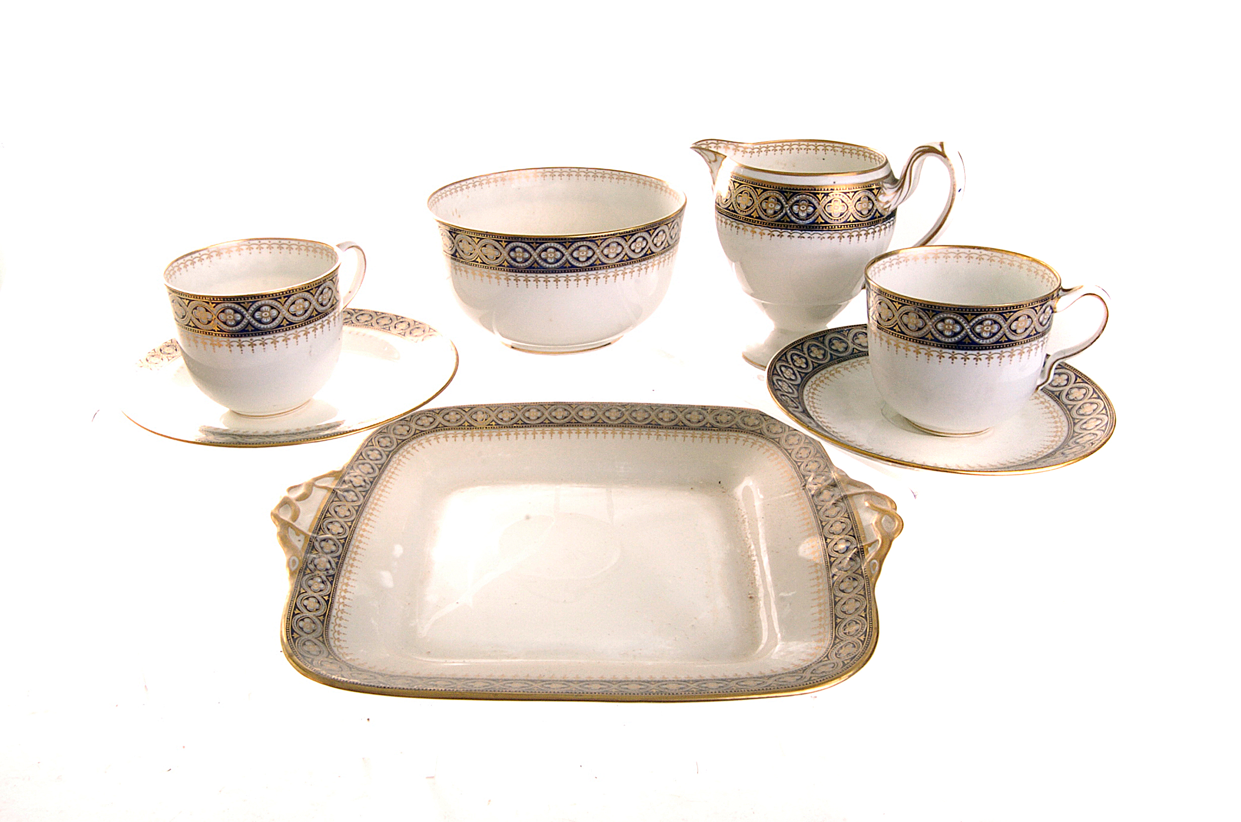 A Wedgwood part tea service for Mappin & Webb, with dark blue and white repetitive decoration,
