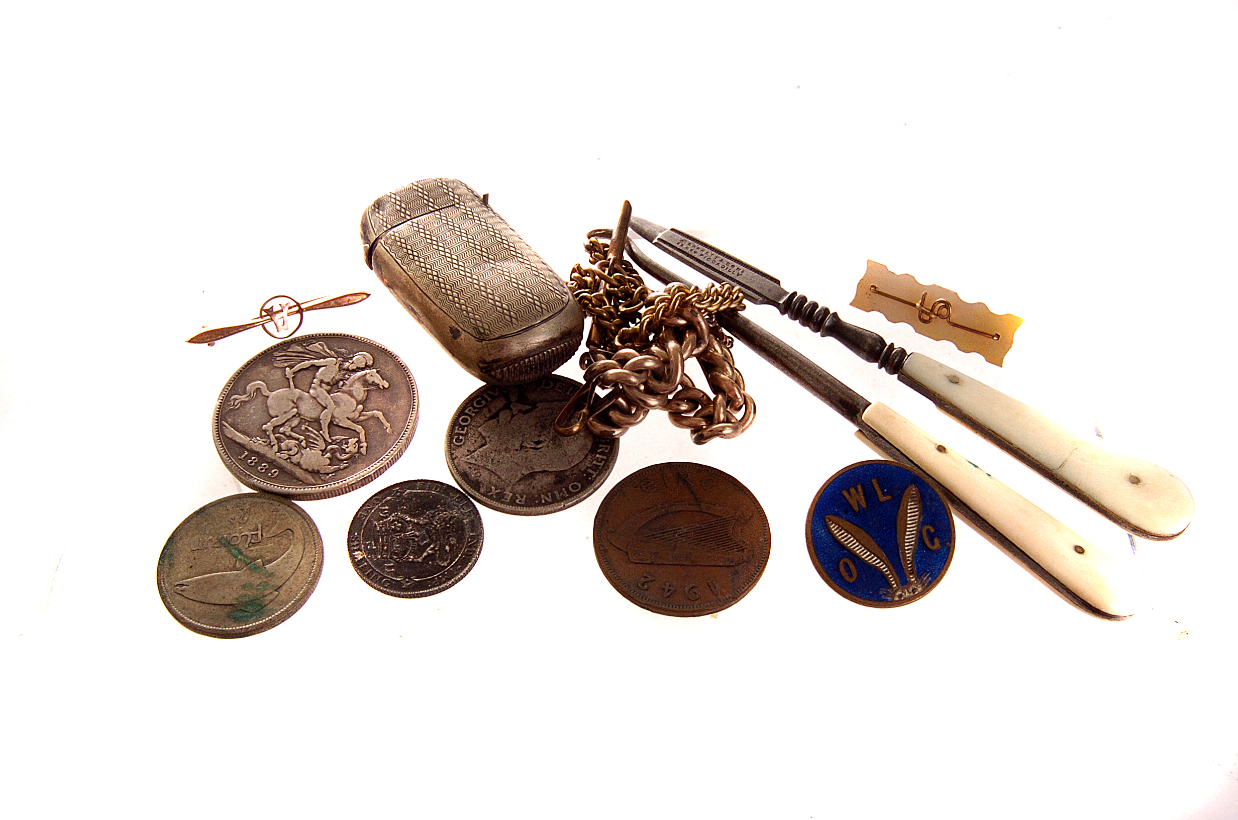 A small collection of various items, to include silver and copper coinage, stick pins, penknives,