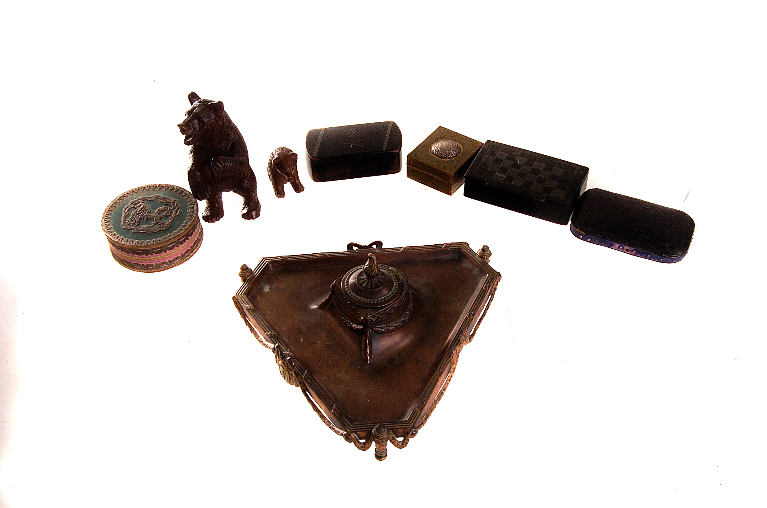 A selection of various items, comprising a black forest copper ink well, a 19th century glass
