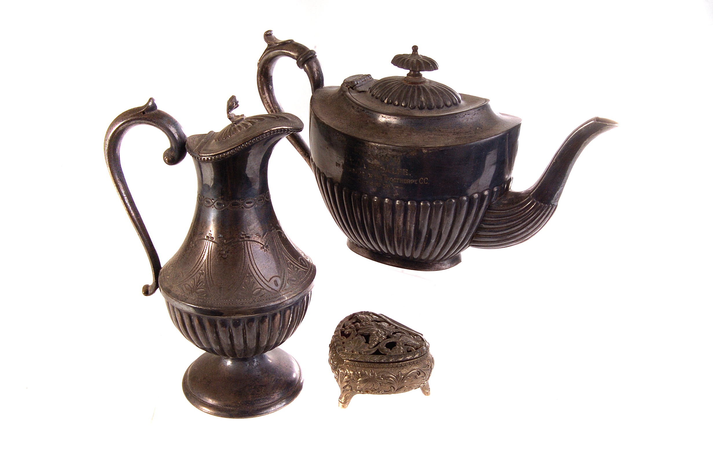 A selection of silver, silver plated and metal ware items, to include a water jug, dressing table