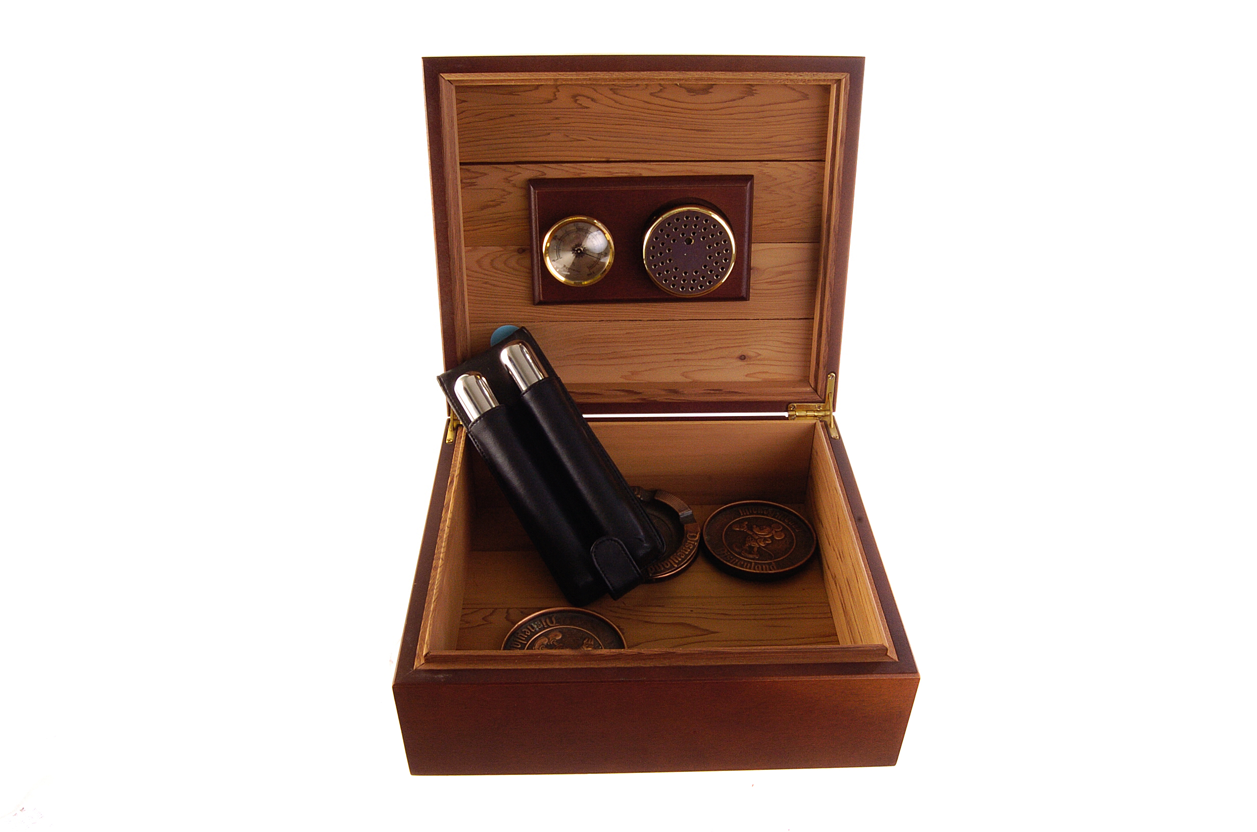 A humador cigar carrier, complete with two metal pocket cigar holders in leather case, plus three