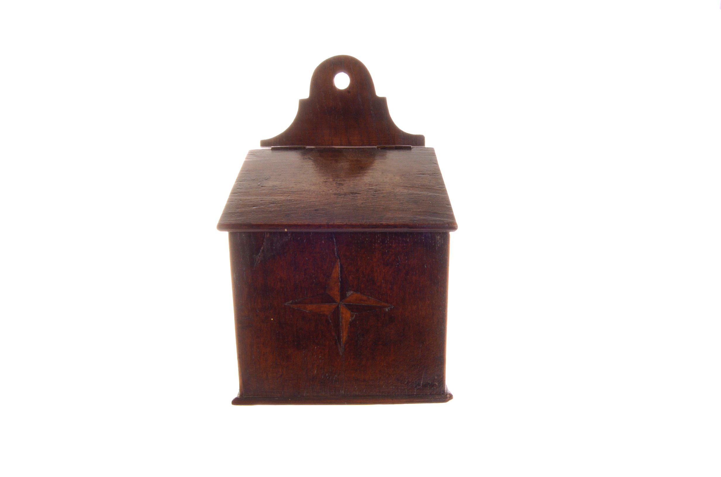 A Georgian wall hanging oak salt box, with star inlaid design to front and hinged lid