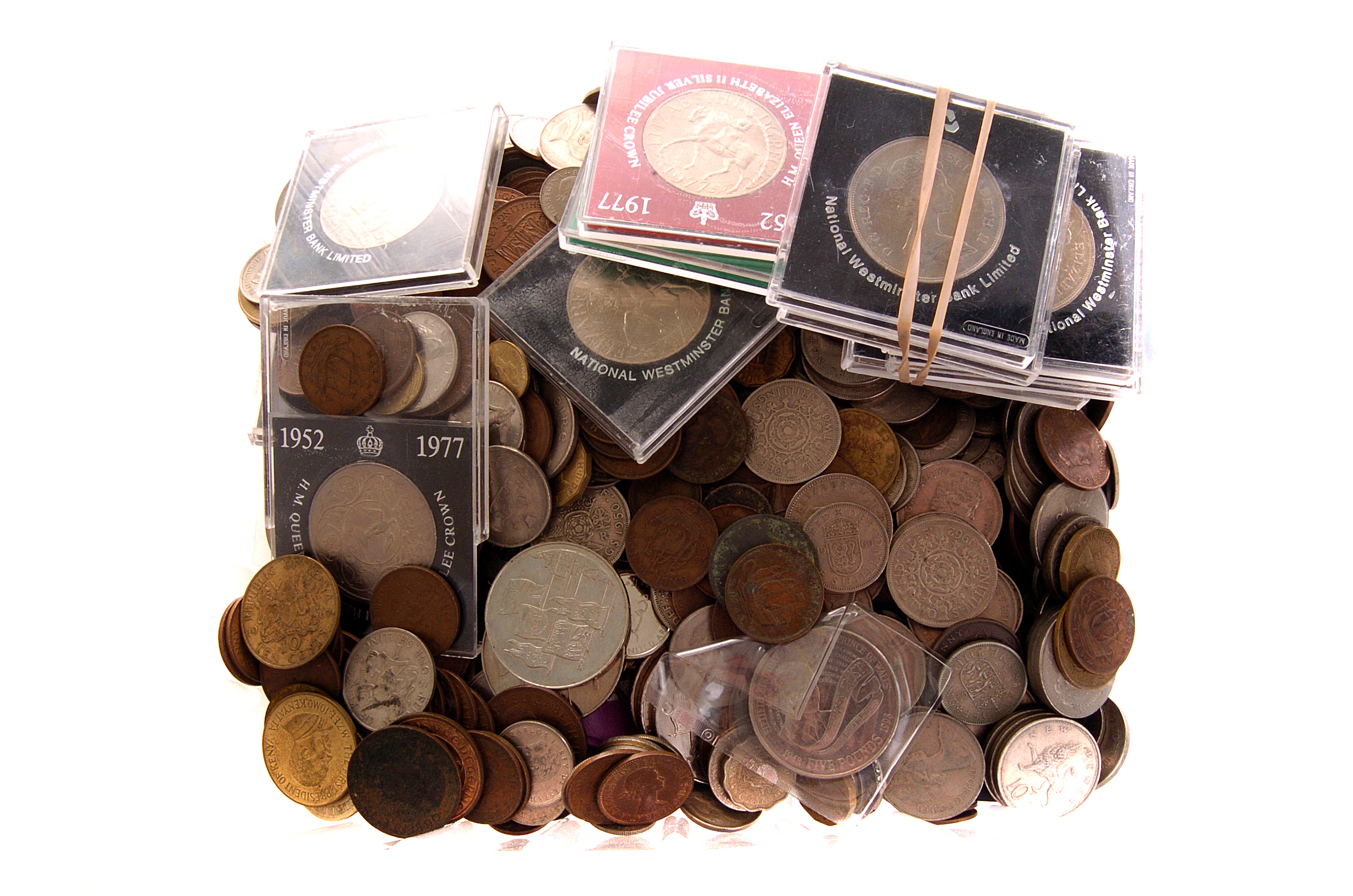 A selection of George II silver and copper coinage, including crowns, half crowns, florins and more