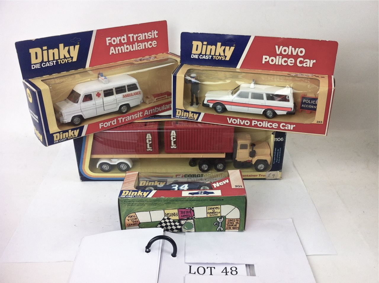 Late issue Dinky Toys and Corgi Vehicles: Dinky, 201 Plymouth Stockcar, 274 Ford Transit Ambulance,