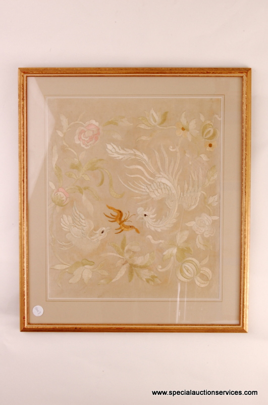 A Chinese silk embroidered panel of bird foliate and insect design, in gilt frame, 39cm x 45.5cm