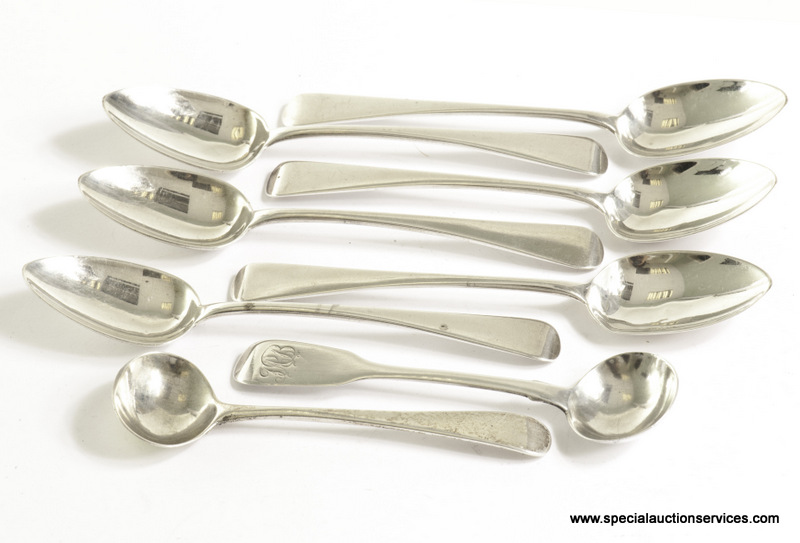 A set of six George III silver teaspoons, marked London 1781, together with two 19th century silver