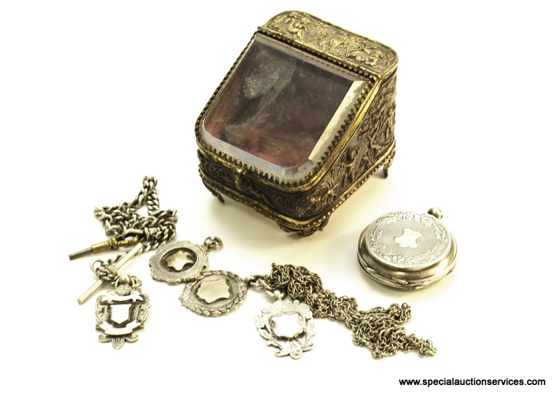 A silver hunter fob watch by Georges Favre Jacot, together with silver fob chains and other items (