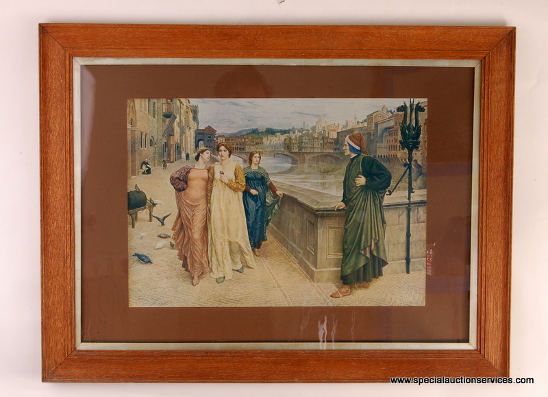 A framed and glazed Dante print, depicting young ladies walking along a river in a city scape, 56cm