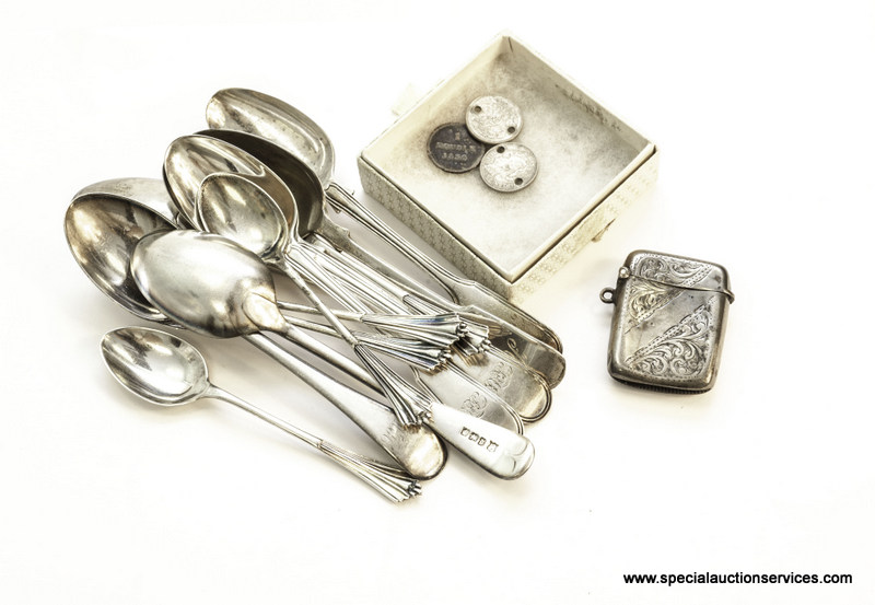 A group of silver and silver plated items, including a George V silver vesta, various teaspoons and