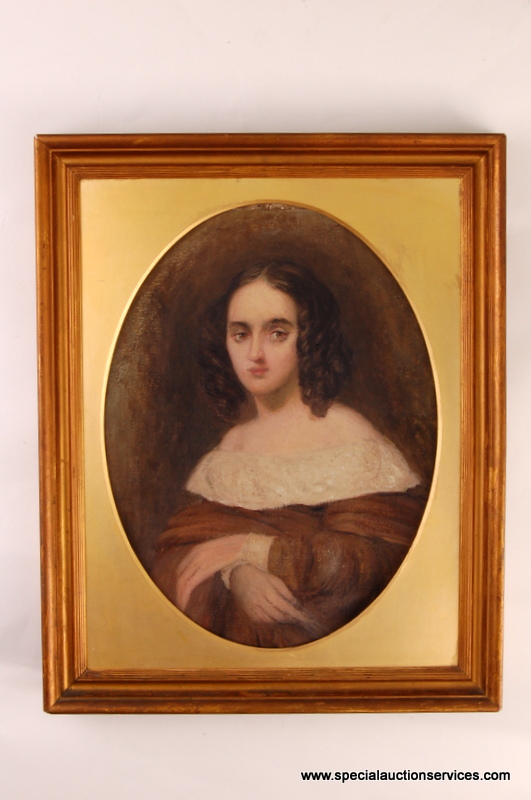 Oil on canvas, depicting a portrait of a young lady in period dress, in oval mount in gilt frame