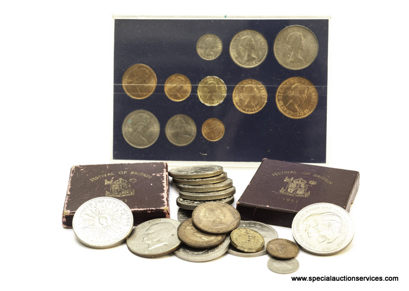 An assortment of commemorative crowns, together with silver coins and others, mainly British (