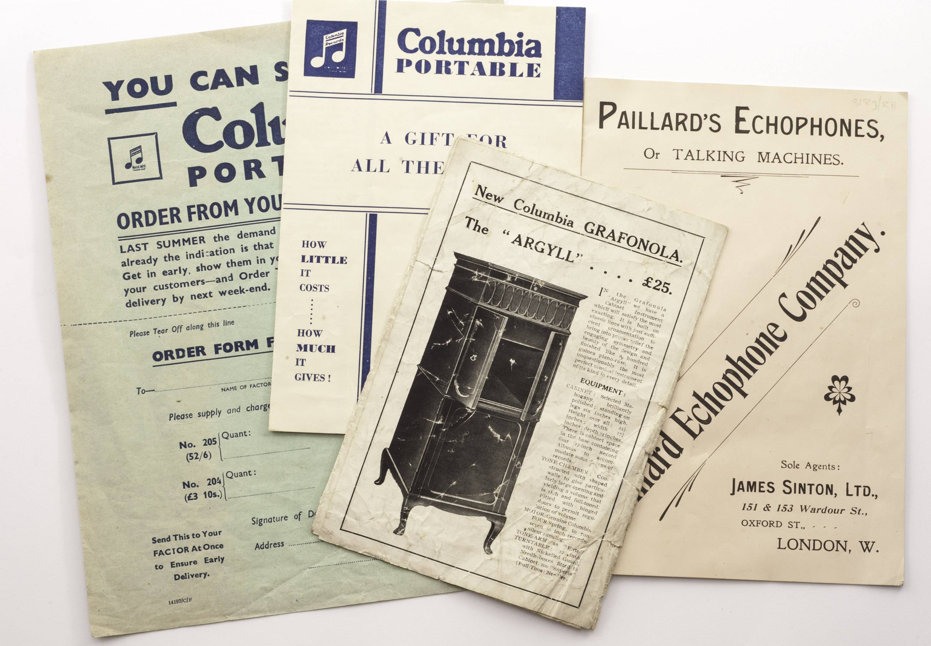 Catalogues: Paillard`s Echophones, 1902-3. 8pp; Columbia Graphophones, 1911-12, 3-page leaflet; and