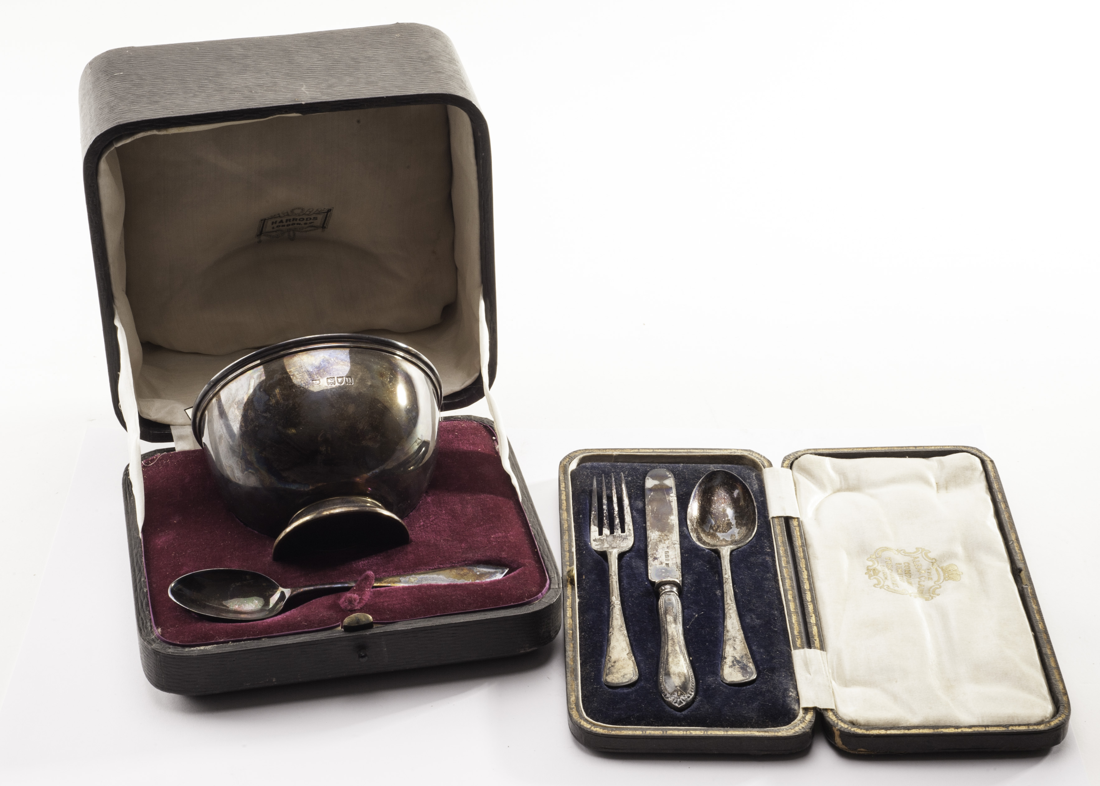 A George V silver Christening bowl and spoon, together with a Victorian silver Christening mug, a