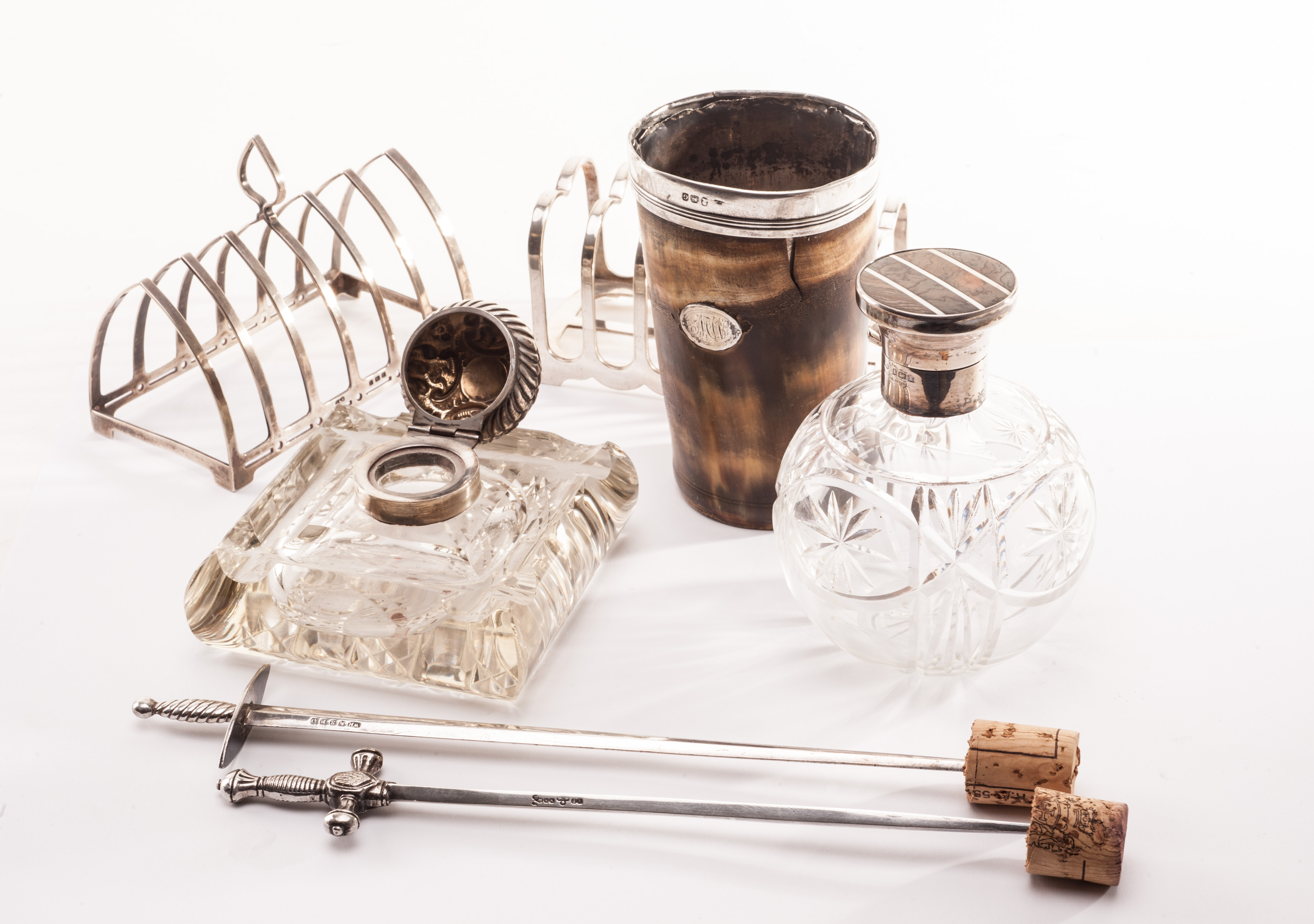 A Georgian horn and silver hunting beaker, AF, together with a cut glass and silver perfume bottle,