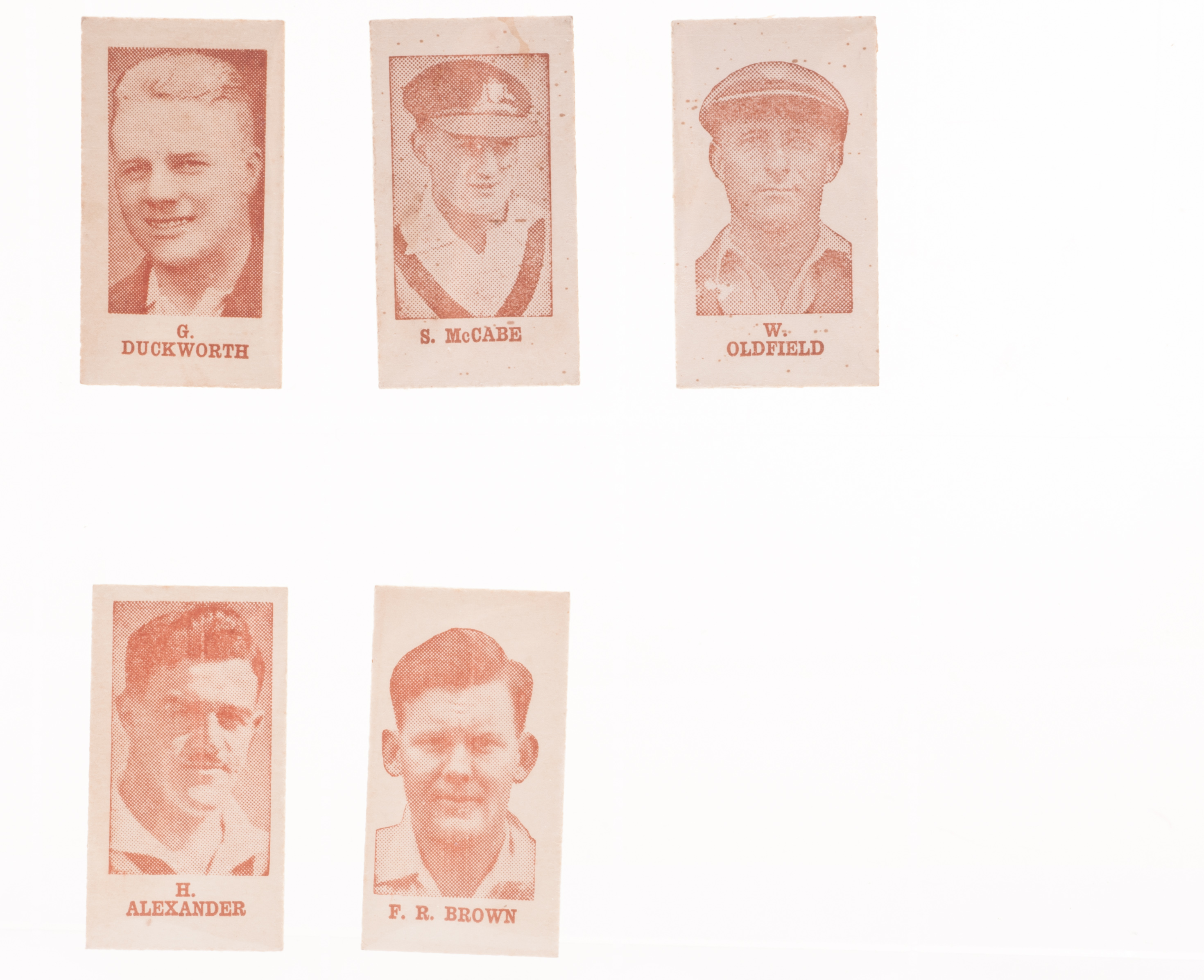 Trade cards: Cricket, Australia, W & T Avery, Cricketers, 1933, 5 cards, H. Alexander, F.R. Brown,