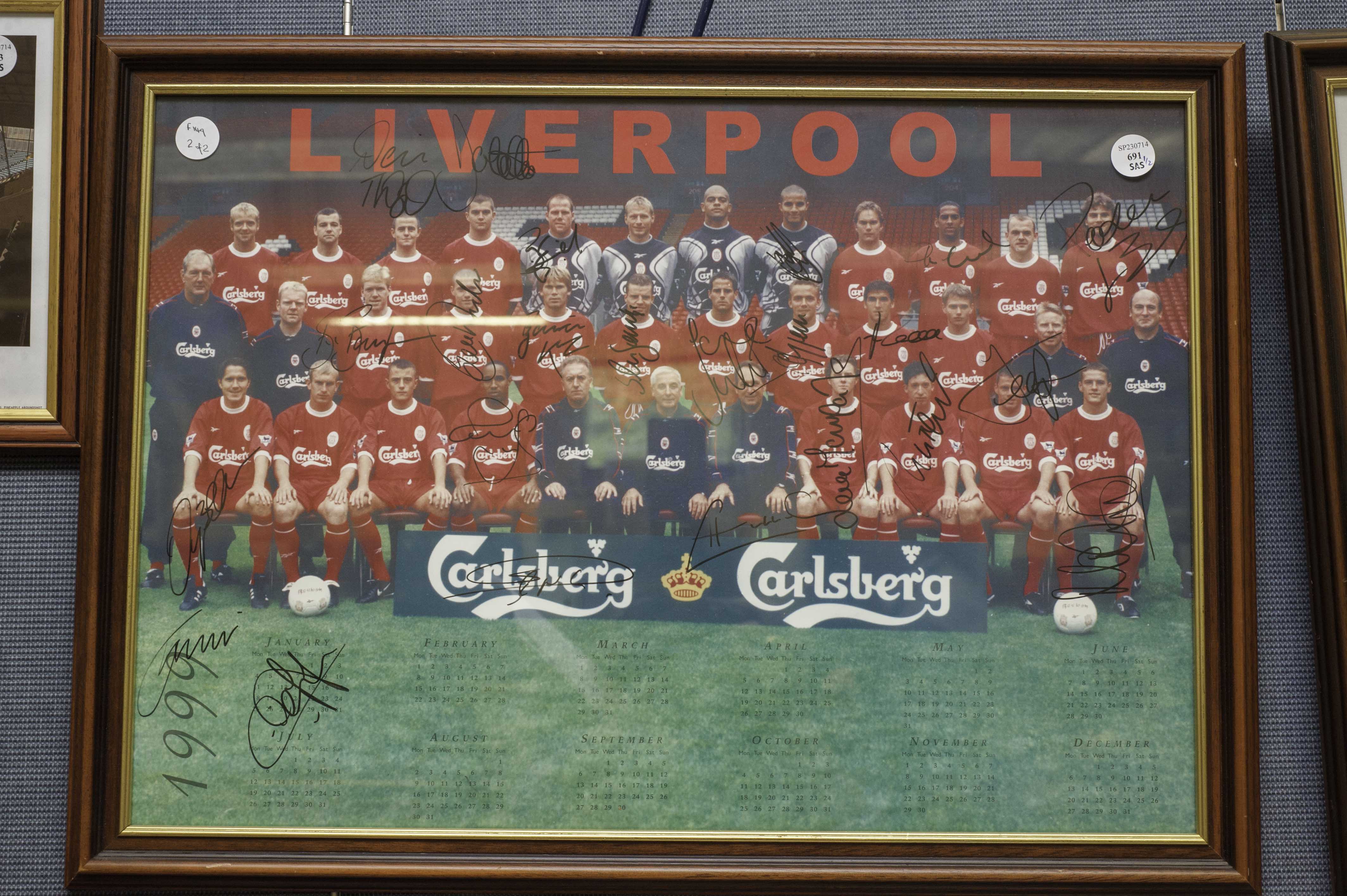 Football: Liverpool FC, two framed & glazed multiple signed prints, Squad group calendar page