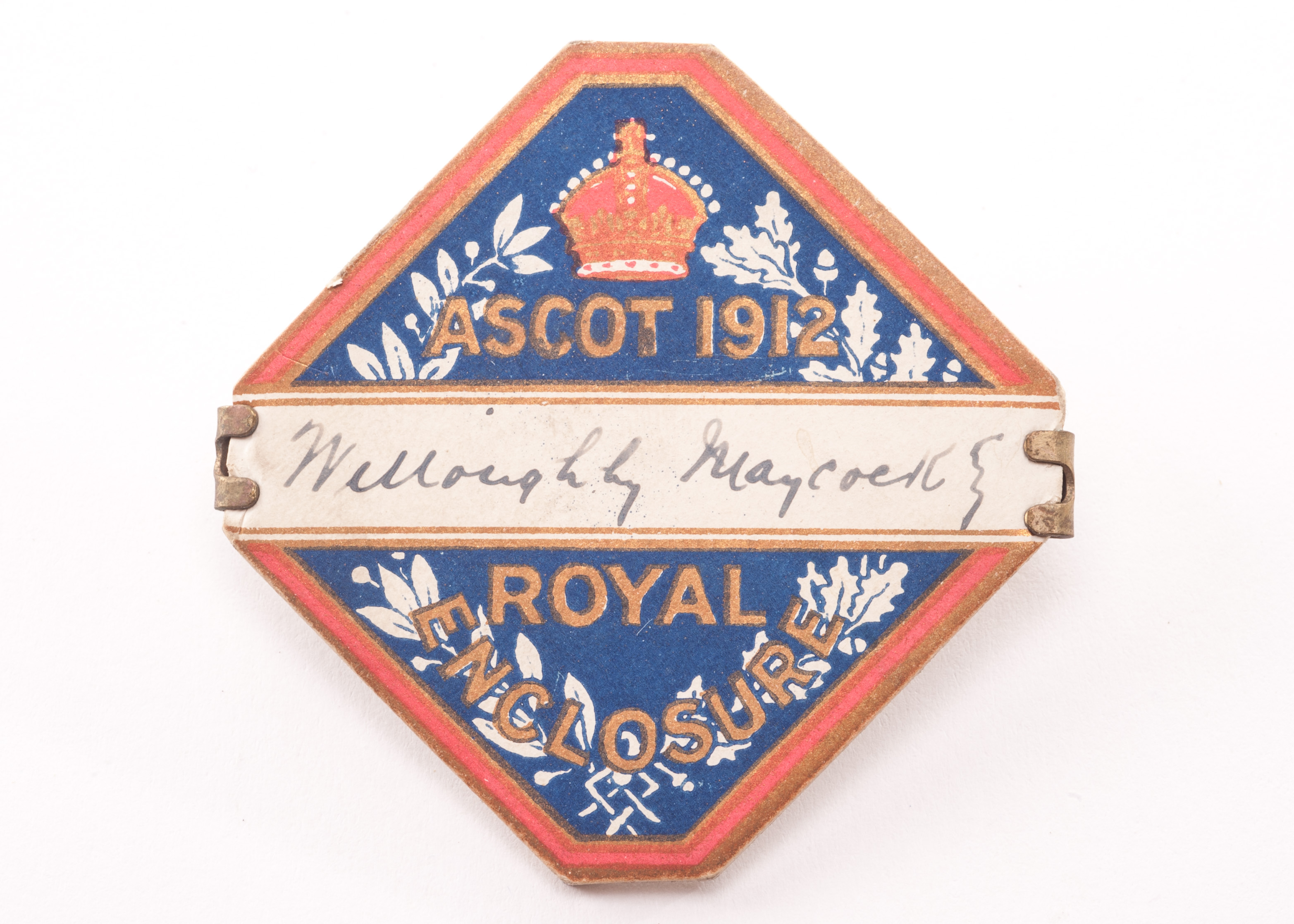 Horseracing: Royal Ascot Royal Enclosure badge, diamond shaped card badge with metal clasp, pin