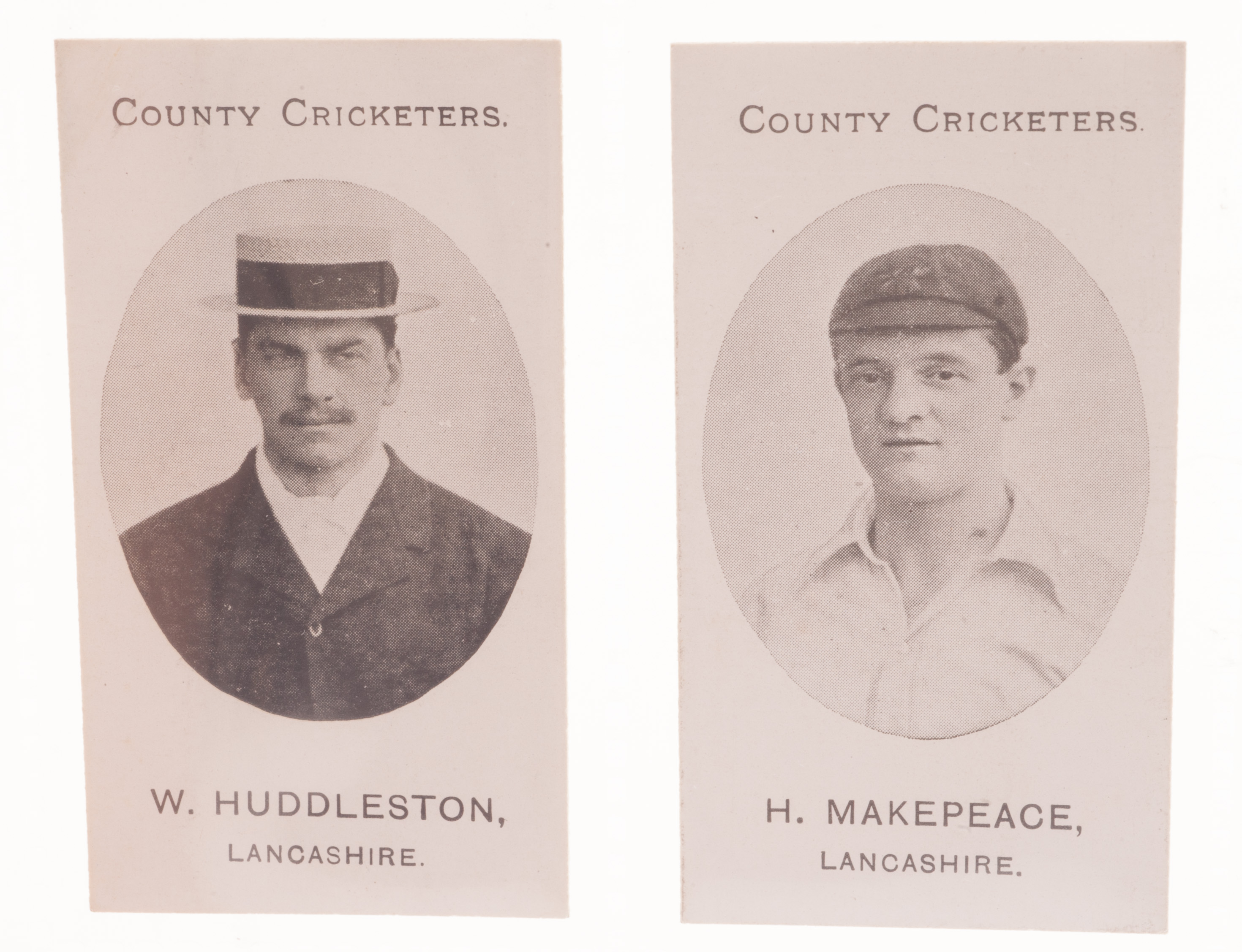 Cigarette cards: Cricket, Taddy, County Cricketers, Lancashire, two cards, W. Huddleston & H.