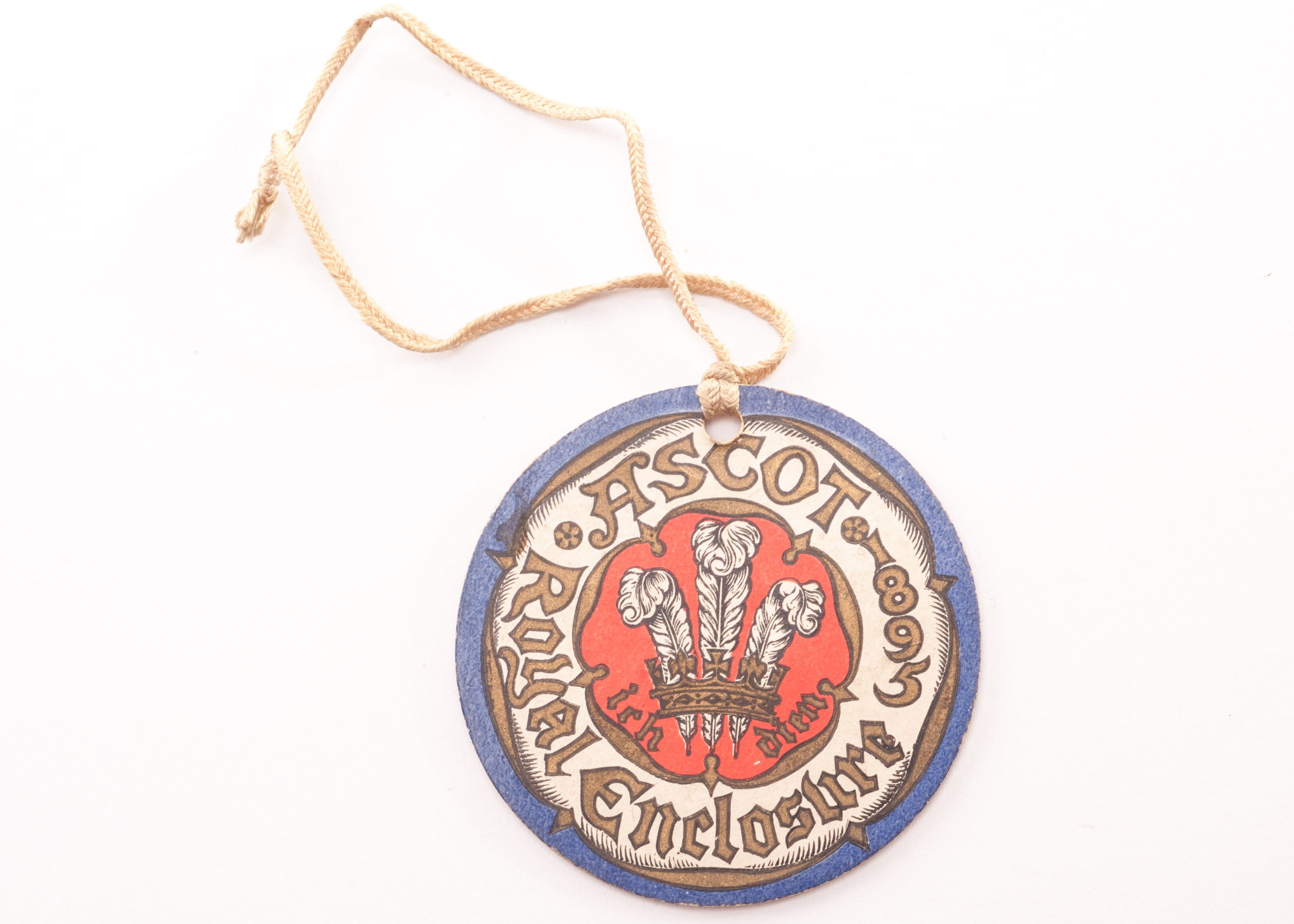 Horseracing: Royal Ascot Royal Enclosure badge, circular card badge with white cord, dated 1895