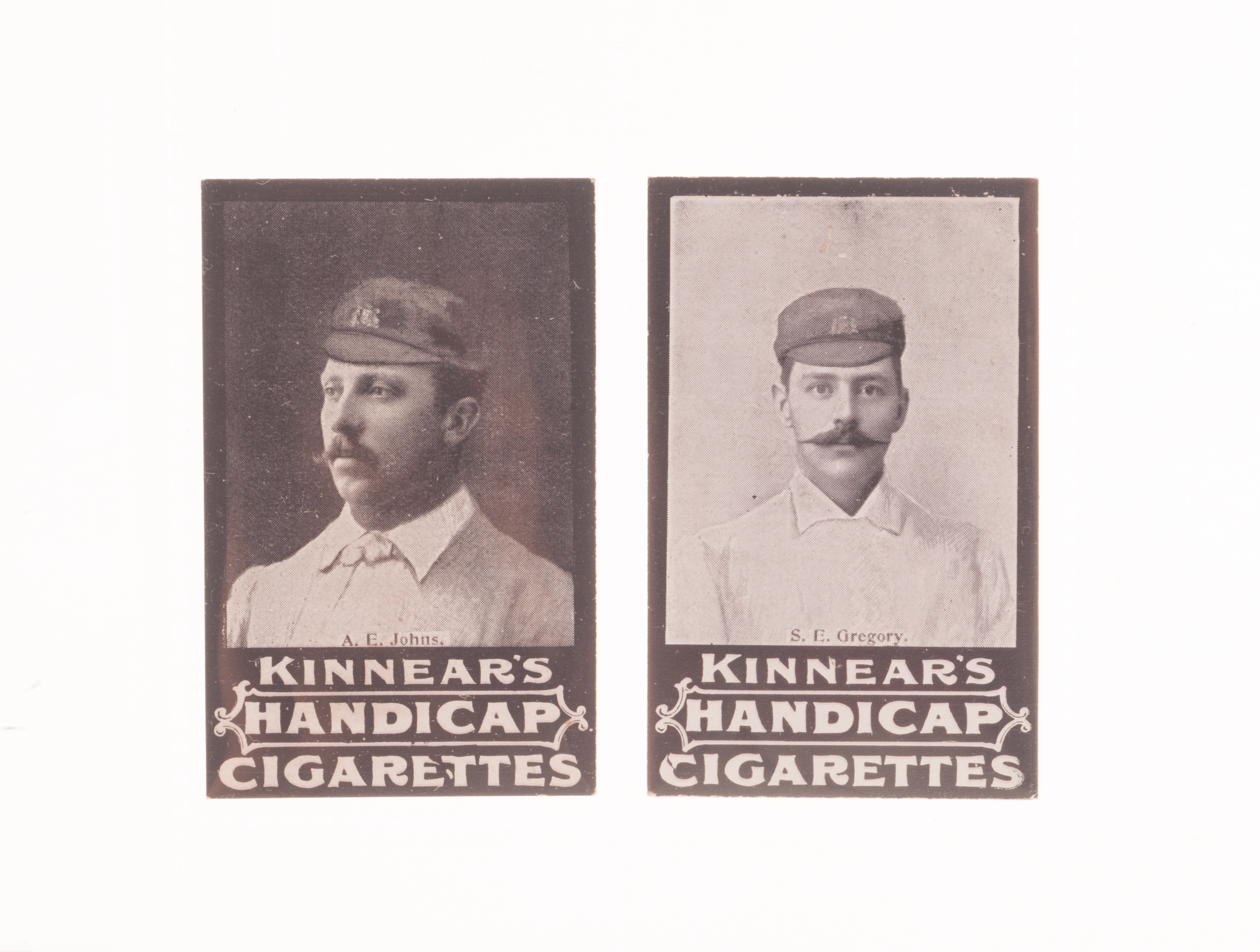 Cigarette cards: Cricket, Kinnear`s, Australian Cricket Team, two cards, A.E. Johns (gd) & S.E.