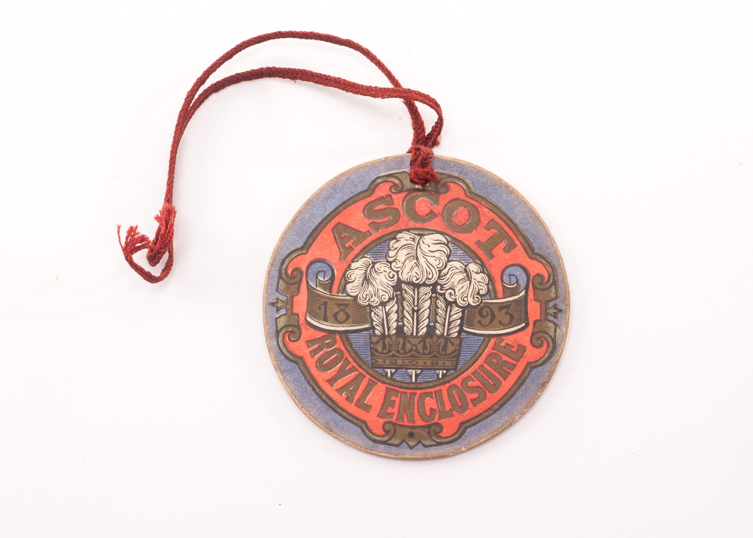 Horseracing: Royal Ascot Royal Enclosure badge, circular card badge with red cord, dated 1893 to