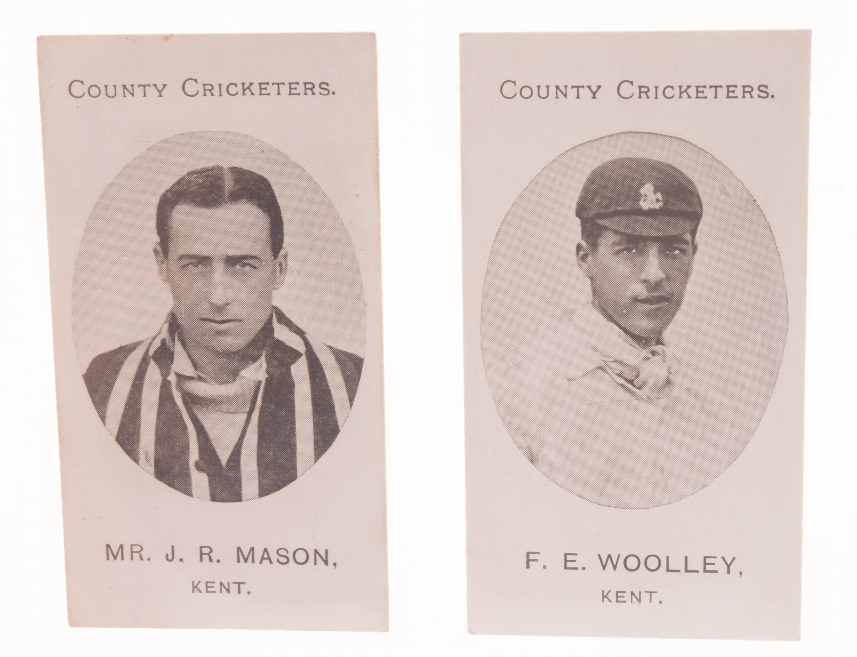 Cigarette cards: Cricket, Taddy, County Cricketers, Kent, two cards, Mr J.R. Mason & F.E. Woolley (