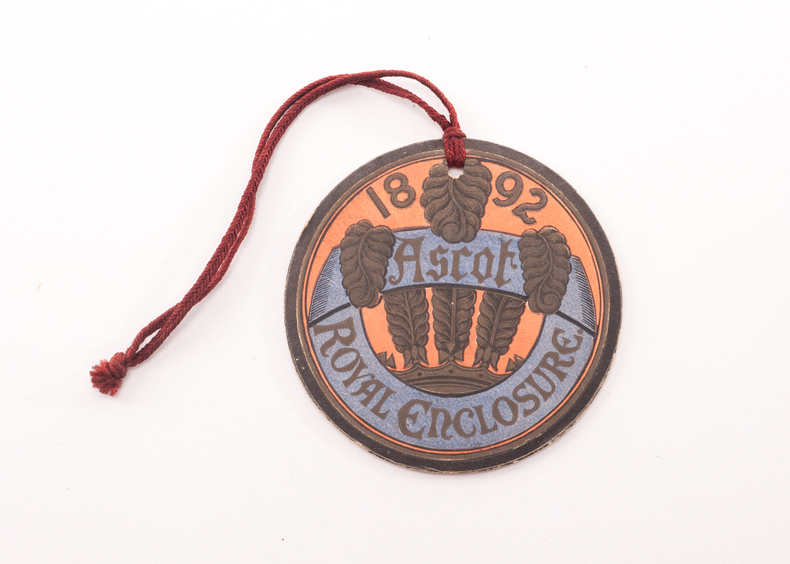 Horseracing: Royal Ascot Royal Enclosure badge, circular card badge with red cord, dated 1892 to