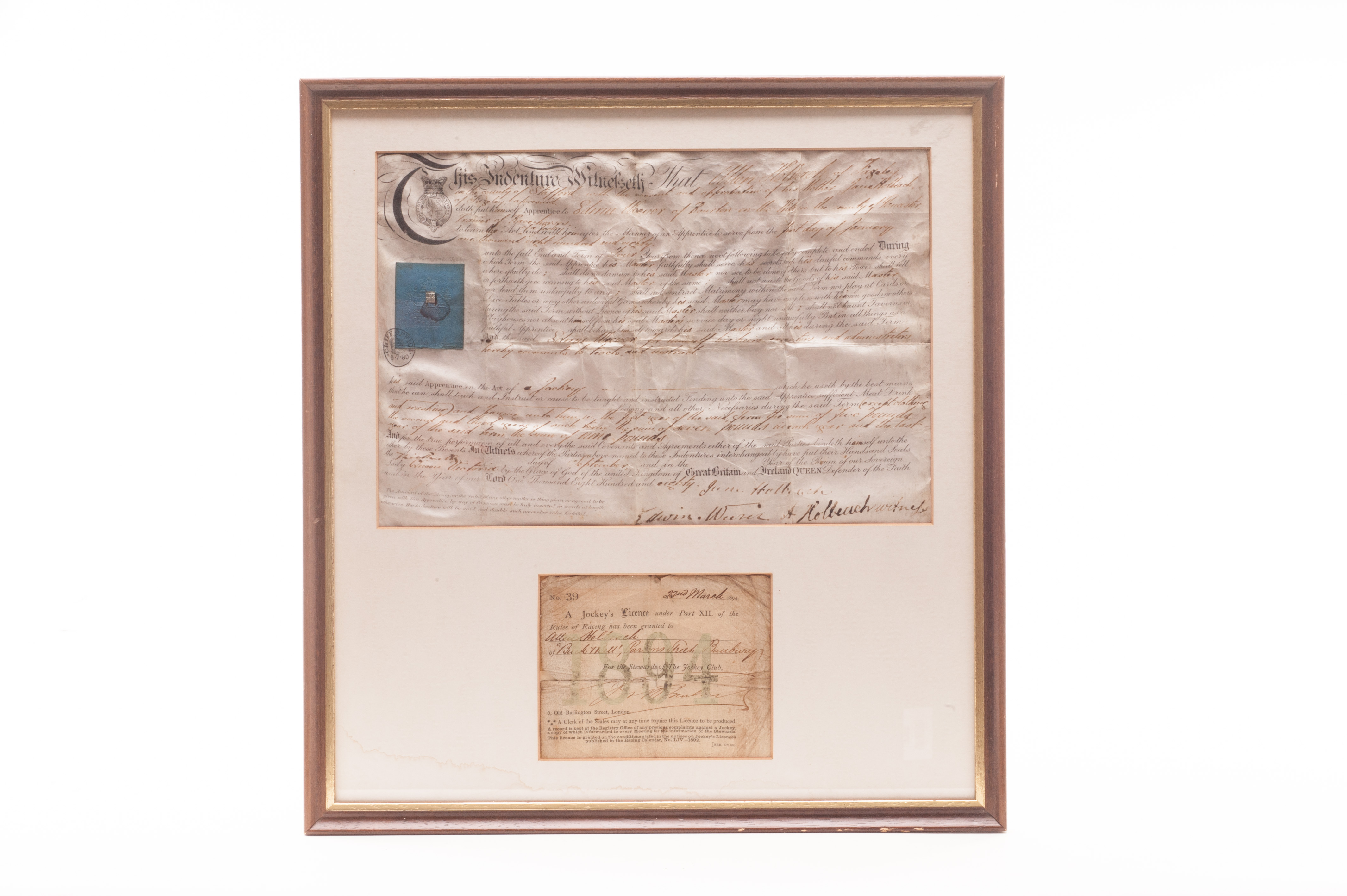 Horseracing: A framed & glazed Jockey licence granted by The Jockey Club Stewards to A. Hollbeach,