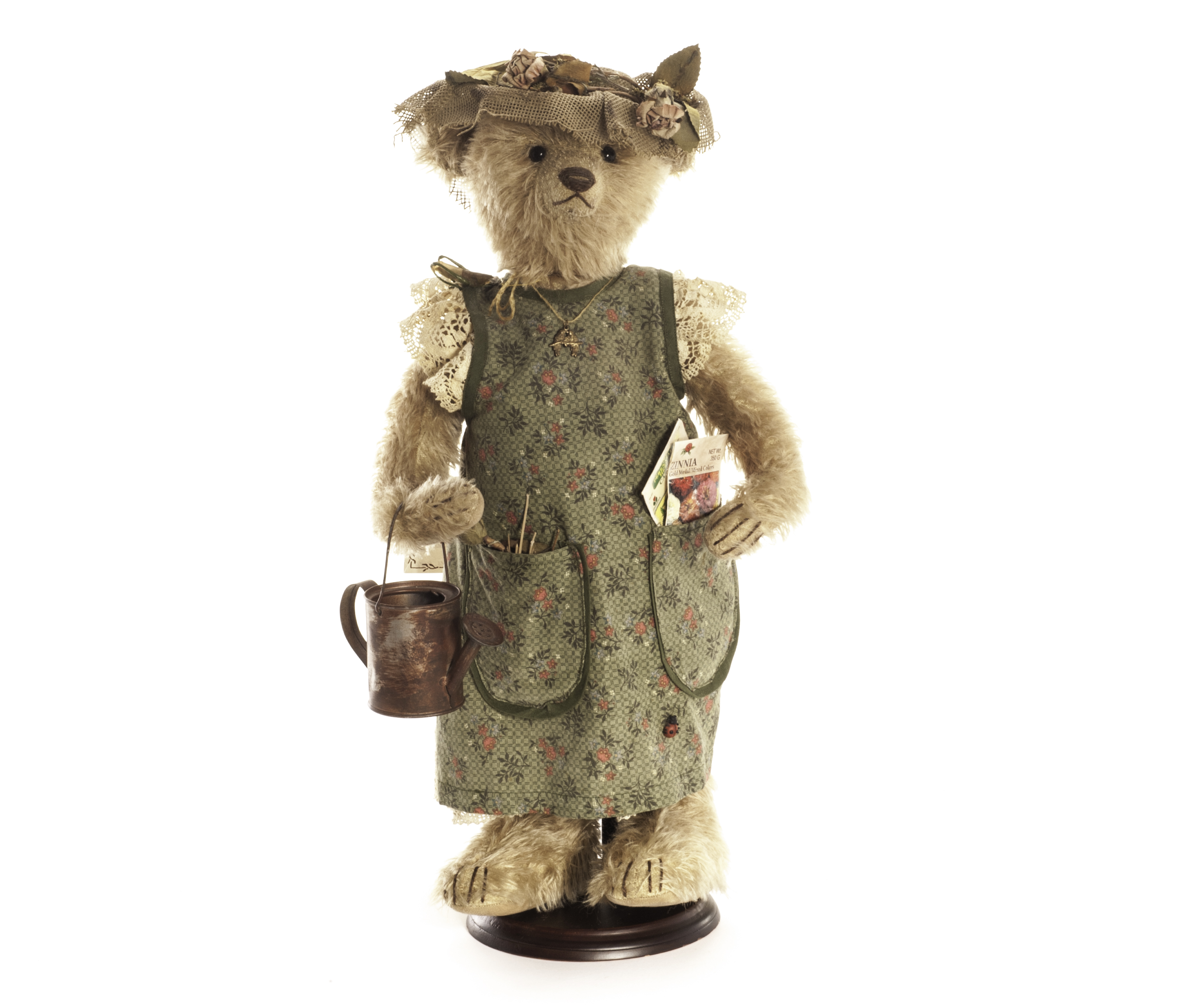 A Memory Lain Bears `Zinnia` Gardening Teddy Bear by Sue Lain, No.8 of 40, with signed tag and