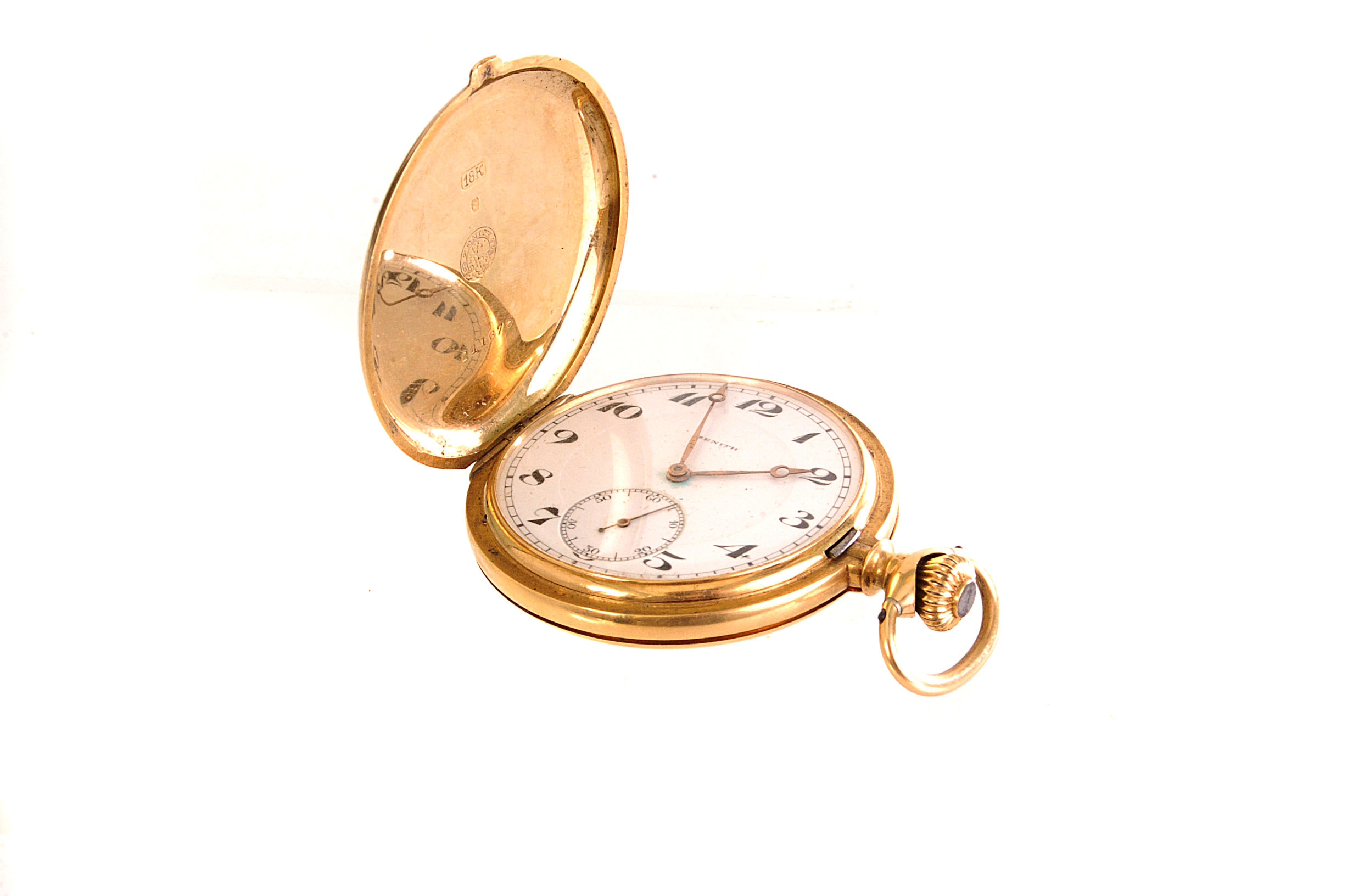 An 18ct gold hunter pocket watch by Zenith, having black Arabic numerals and subsidiary dial on