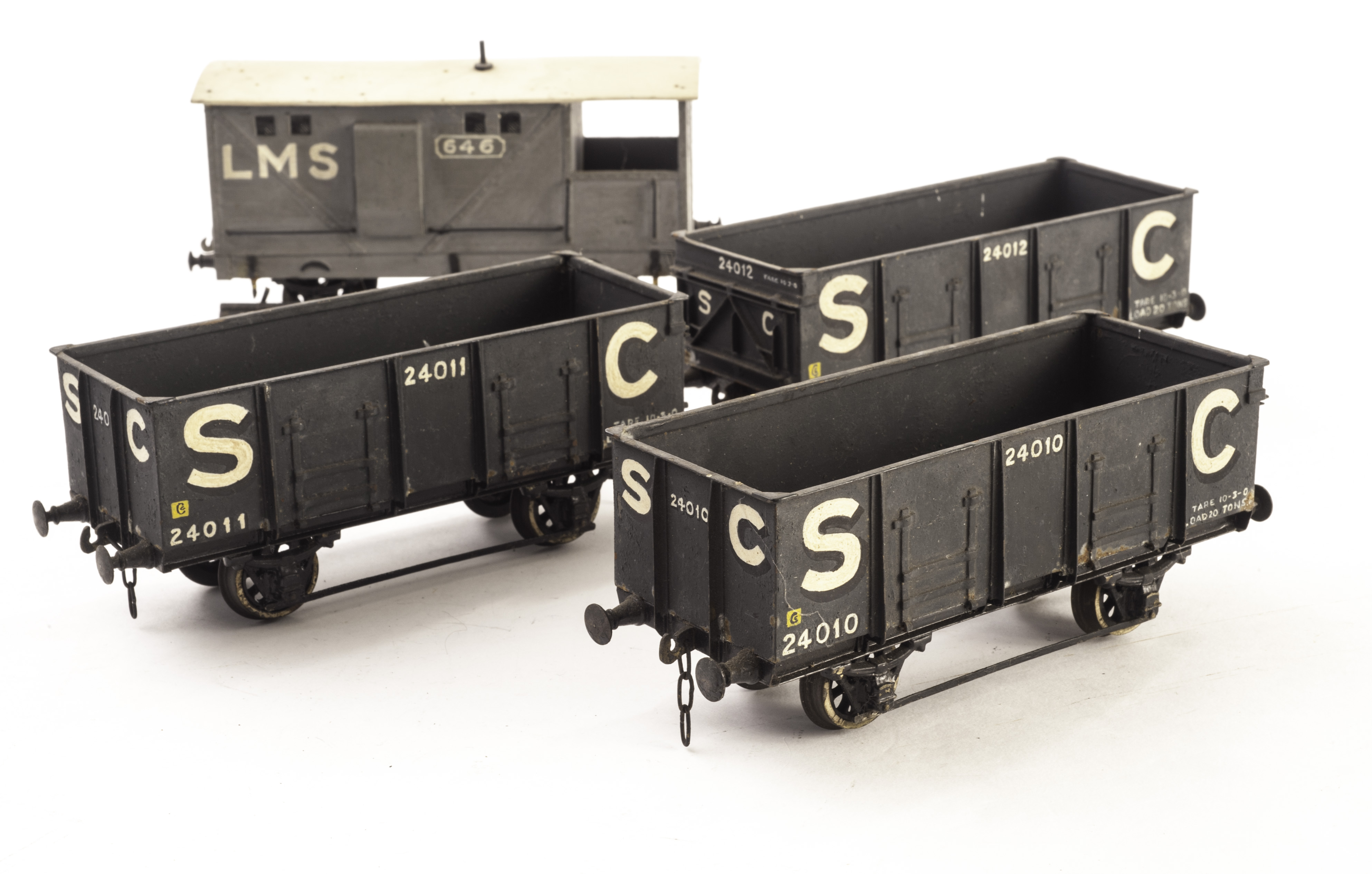 Gauge O Freight wagons by unknown makers: set of three ?S C? side-door metal coal wagons, and