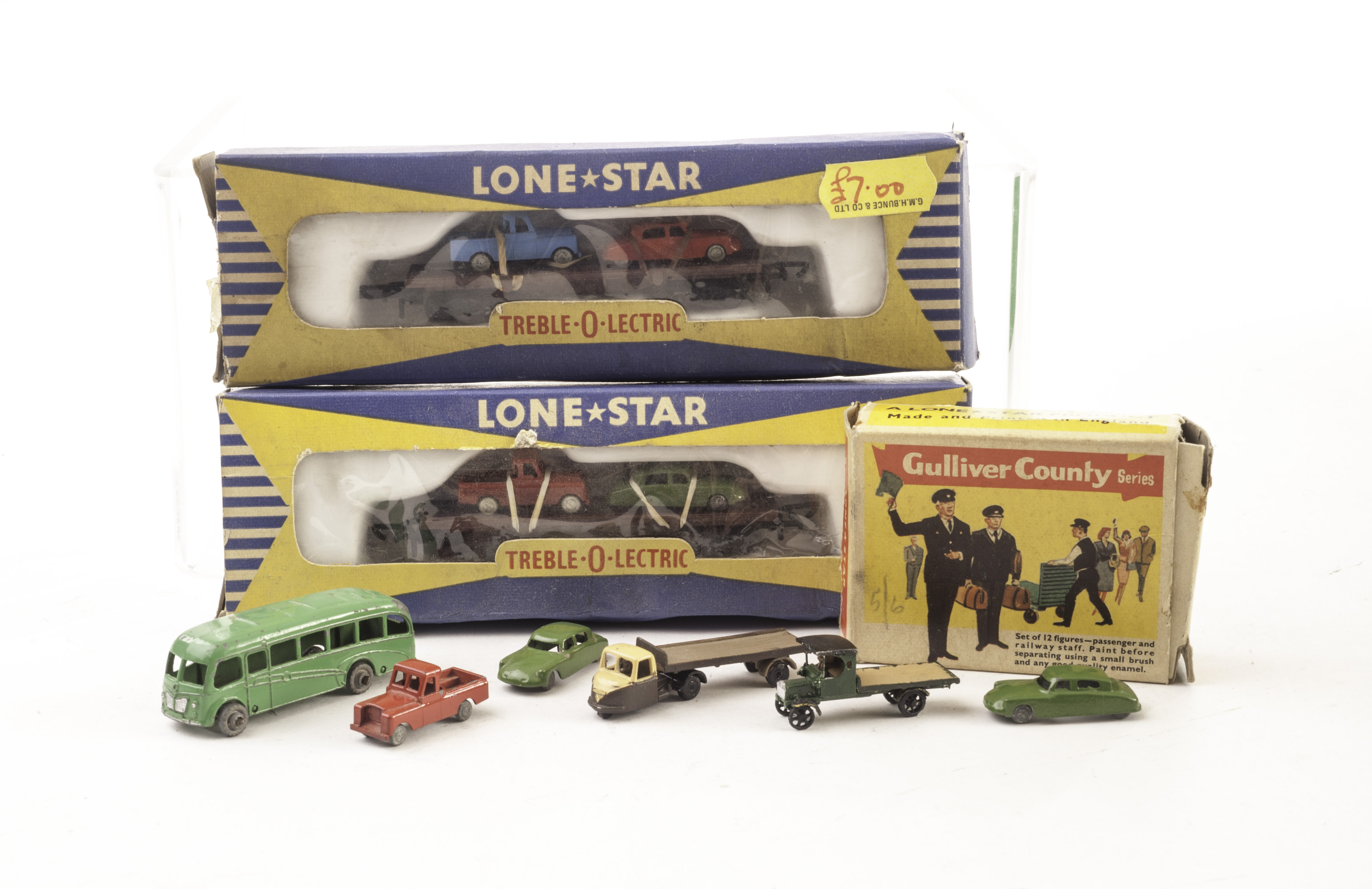 Lone Star 000 ?N? Gauge vehicles and wagons with vehicles. EL168 5-vehicle set, in original box,