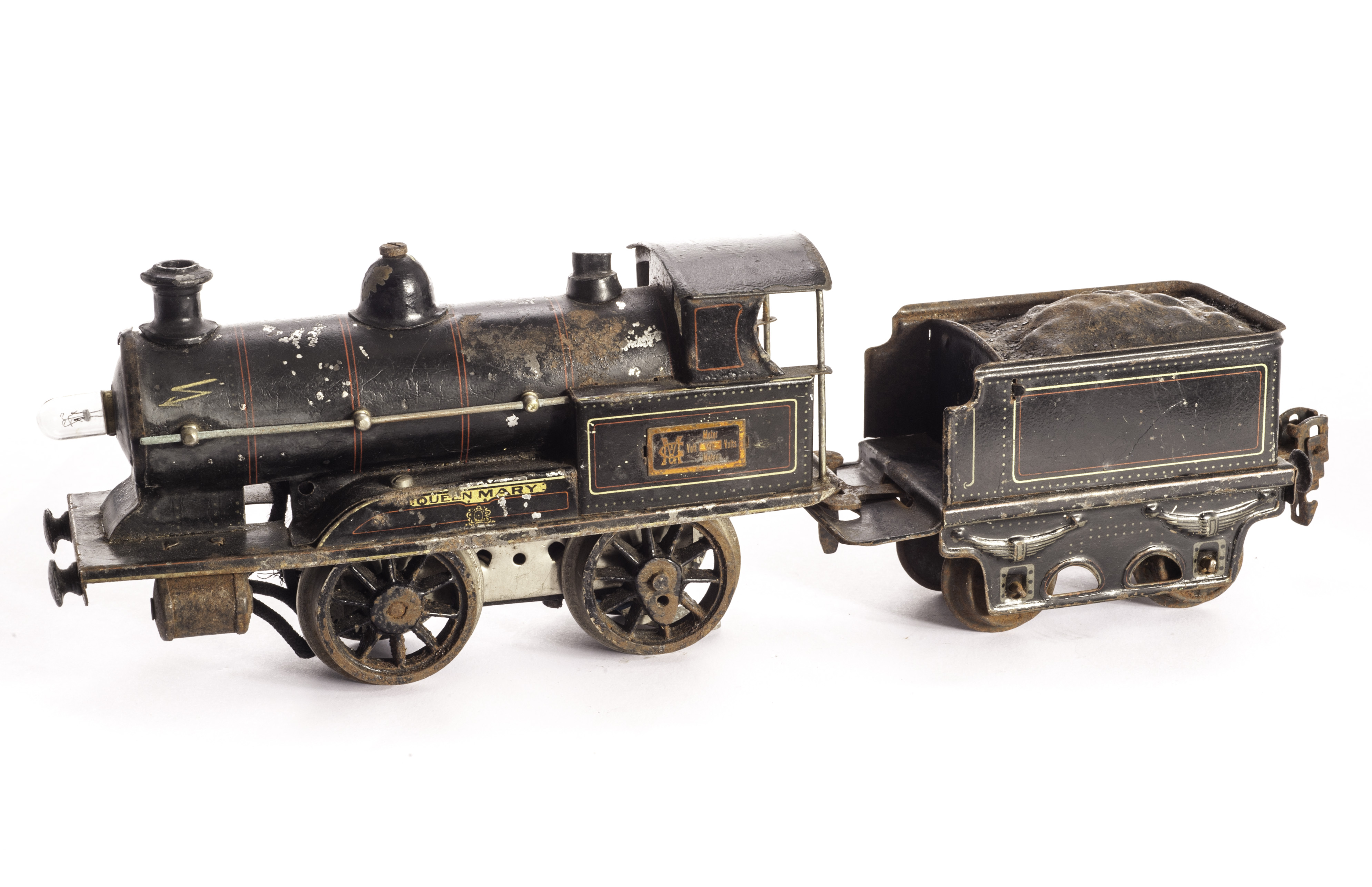 An uncommon Bing 0 Gauge 4V 0 Gauge LMS black 0-4-0 ?Queen Mary? Tank Locomotive and Tender, P-F,