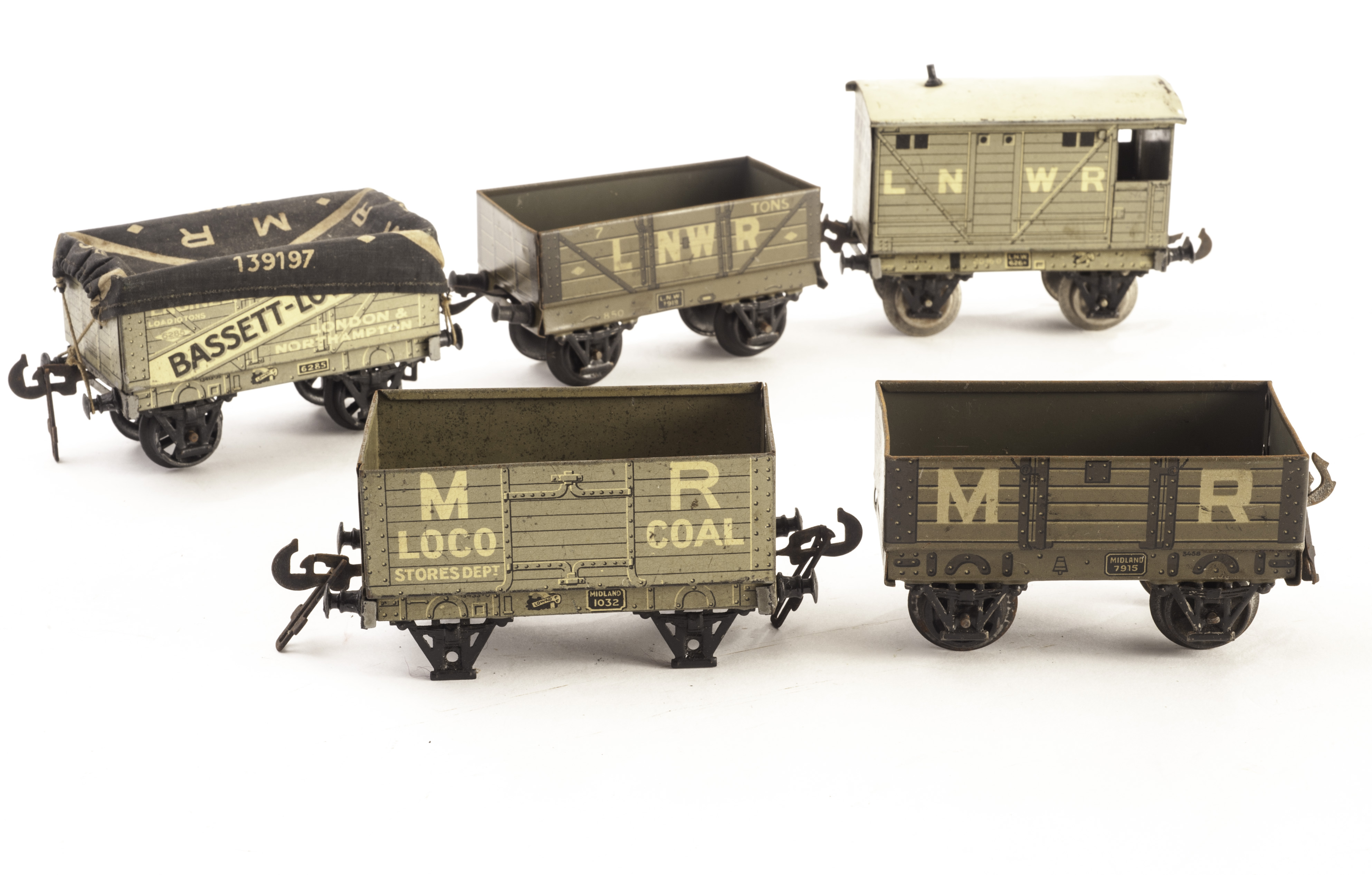 Bing and Bassett-Lowke 0 Gauge pre-grouping wagons: MR and LNWR Open wagons by Bing; MR Loco Coal