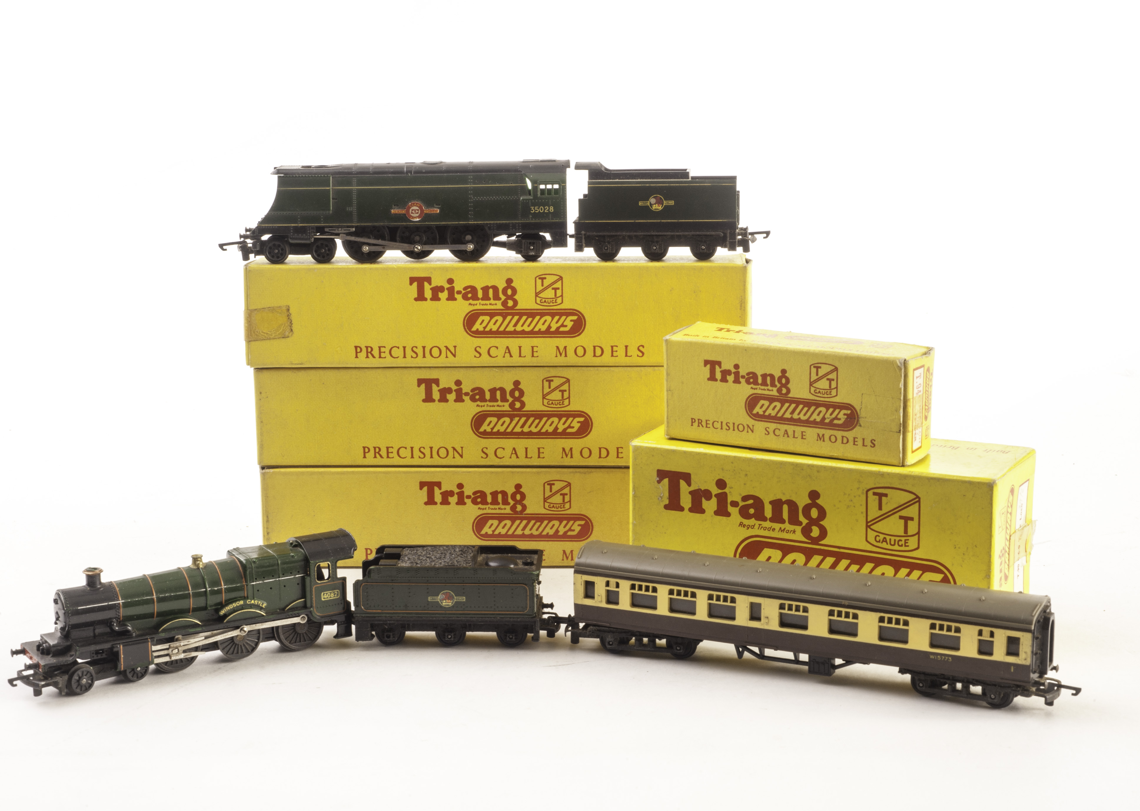 A collection of Tri-ang TT Gauge: including BR green Merchant Navy class? Clan Line? and ?Windsor