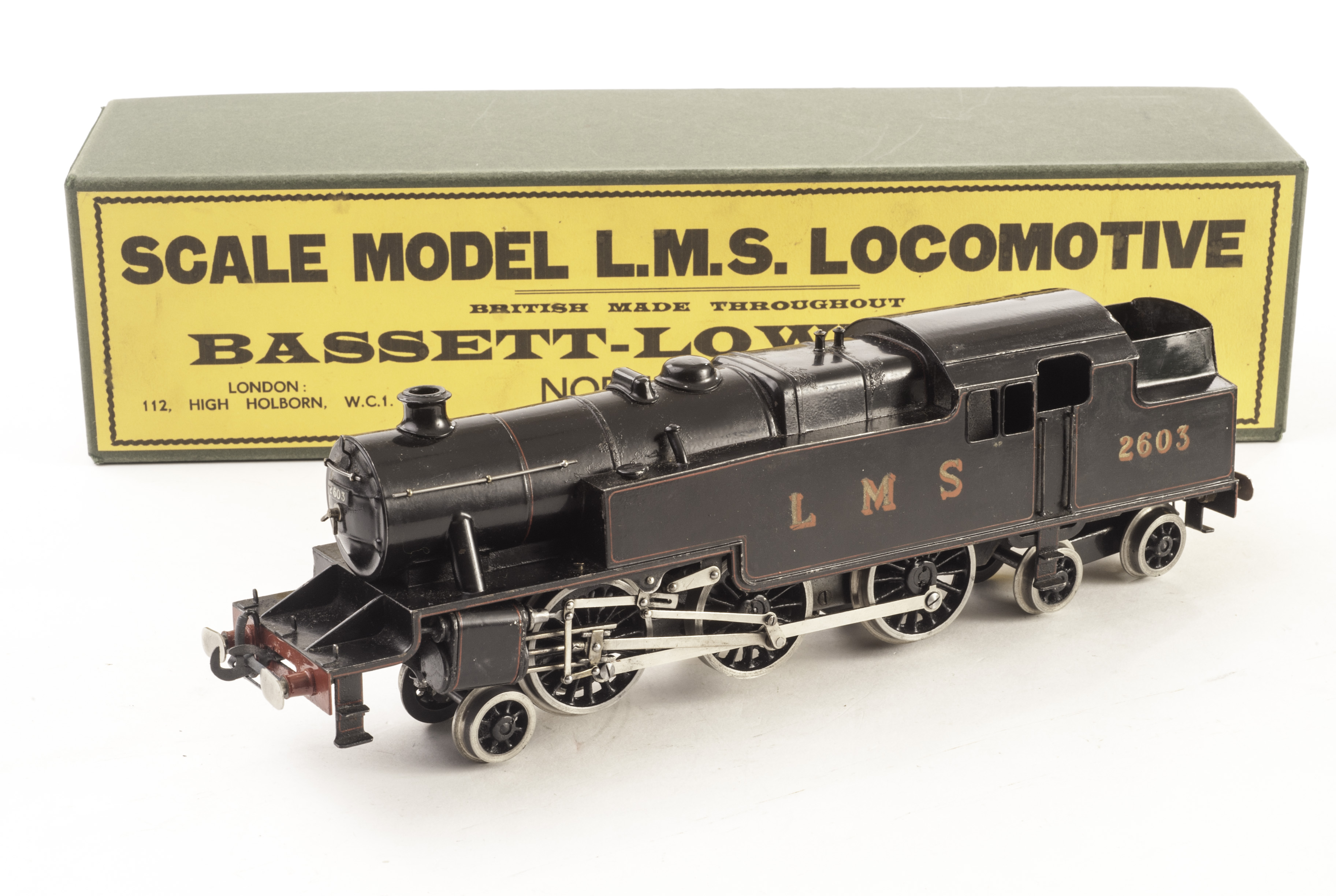 A Bassett-Lowke 0 Gauge electric LMS black 2-6-4T, in a well made reproduction box, VG, some paint