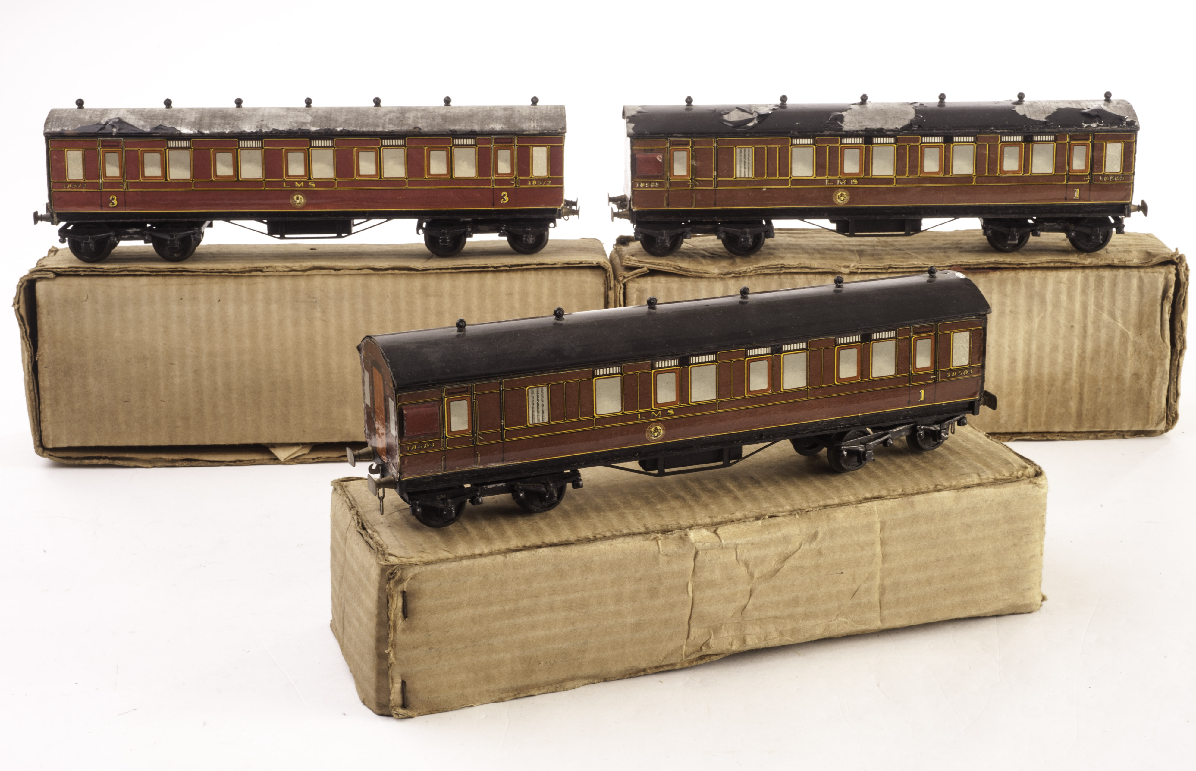 Leeds Model Company 0 Gauge LMS bogie Coaches: 18572 All Third, 18503 Brake /First (2), in original