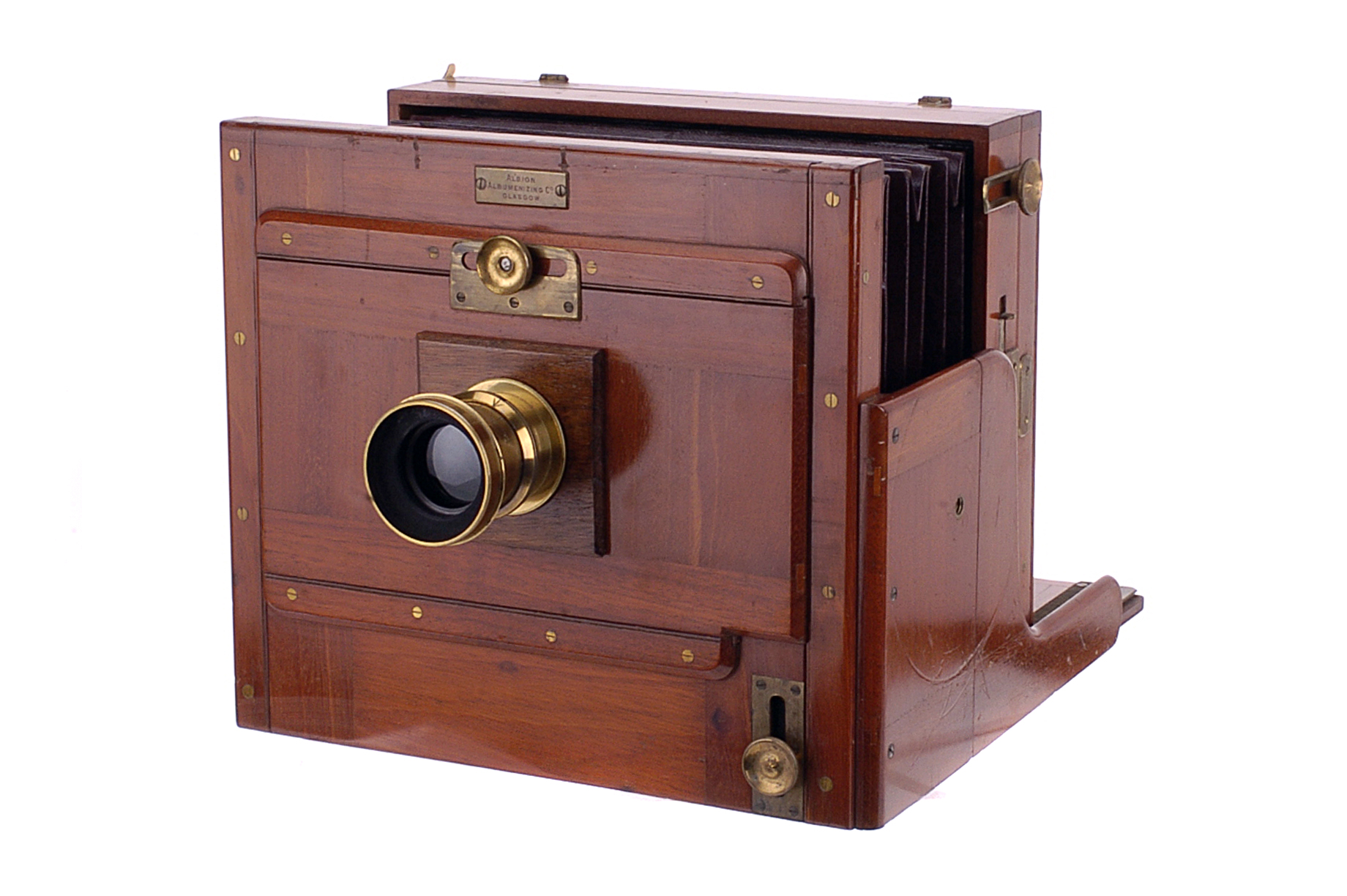 An Albion Albumenizing Whole Plate Stereo-Format Tailboard Camera, brass bound, with unmarked f/8