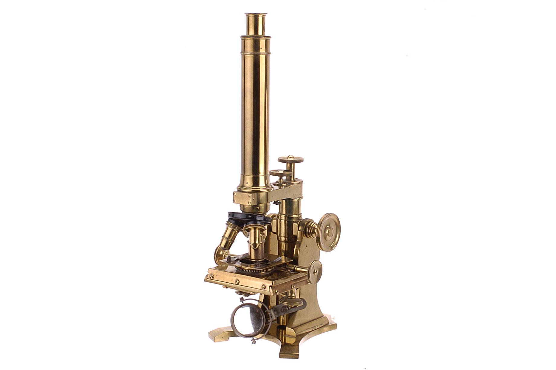 A British brass Microscope, with mechanical stage and triple nose piece, F, unmarked, polished,