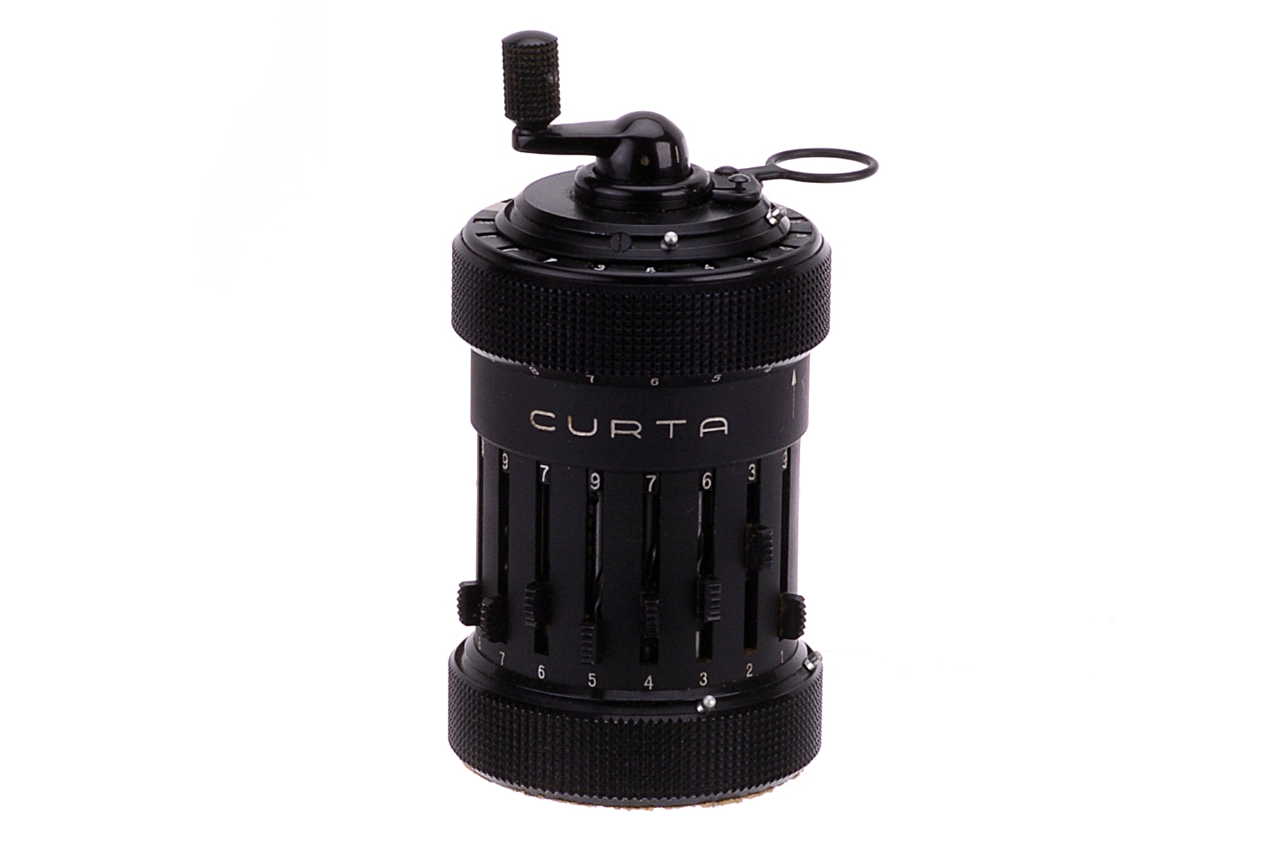 A Curta Calculator Model I, 8x7x11 places, body, VG-E, with instructions, in maker?s box, tatty
